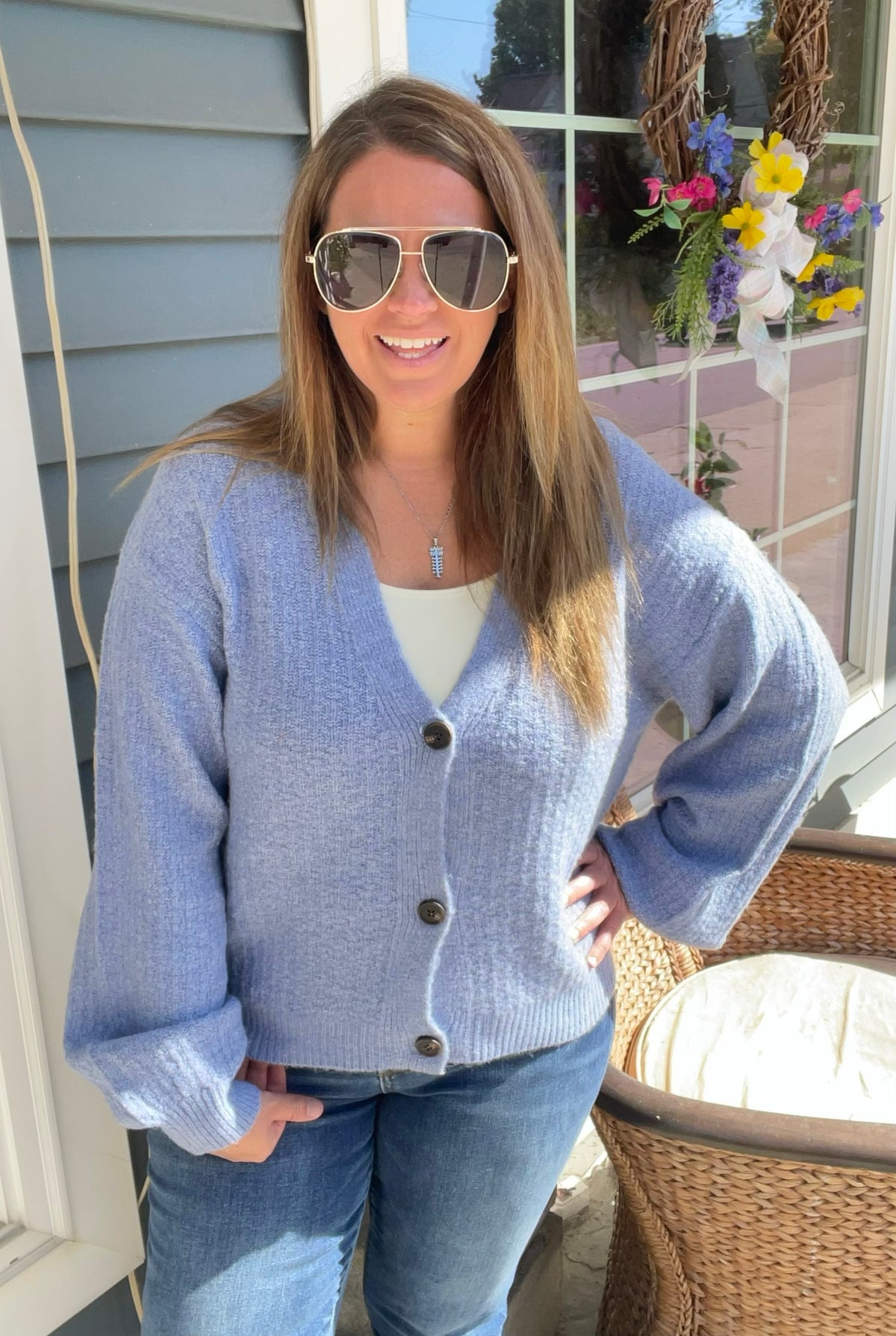 DUSTY BLUE V NECK BUTTON CARDIGAN/SWEATER