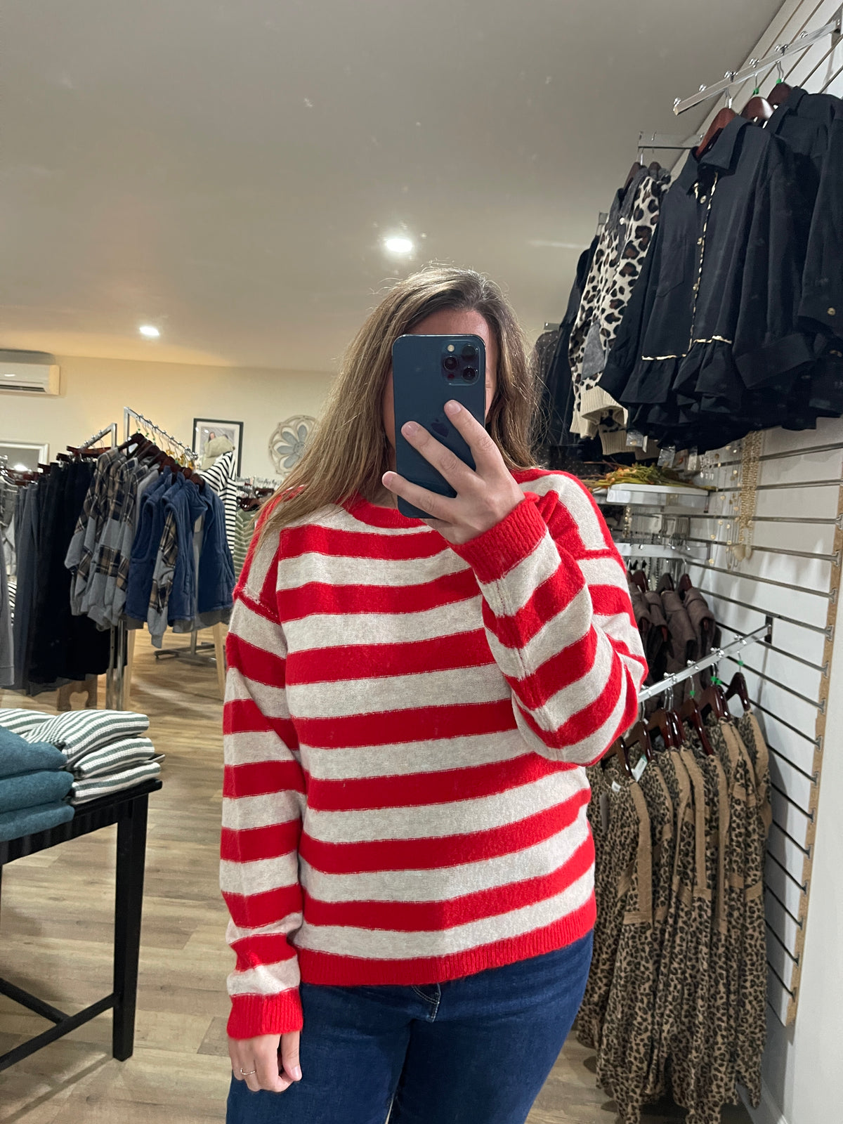 RED Bold Striped Long Sleeve Super Soft Crew Neck Pullover