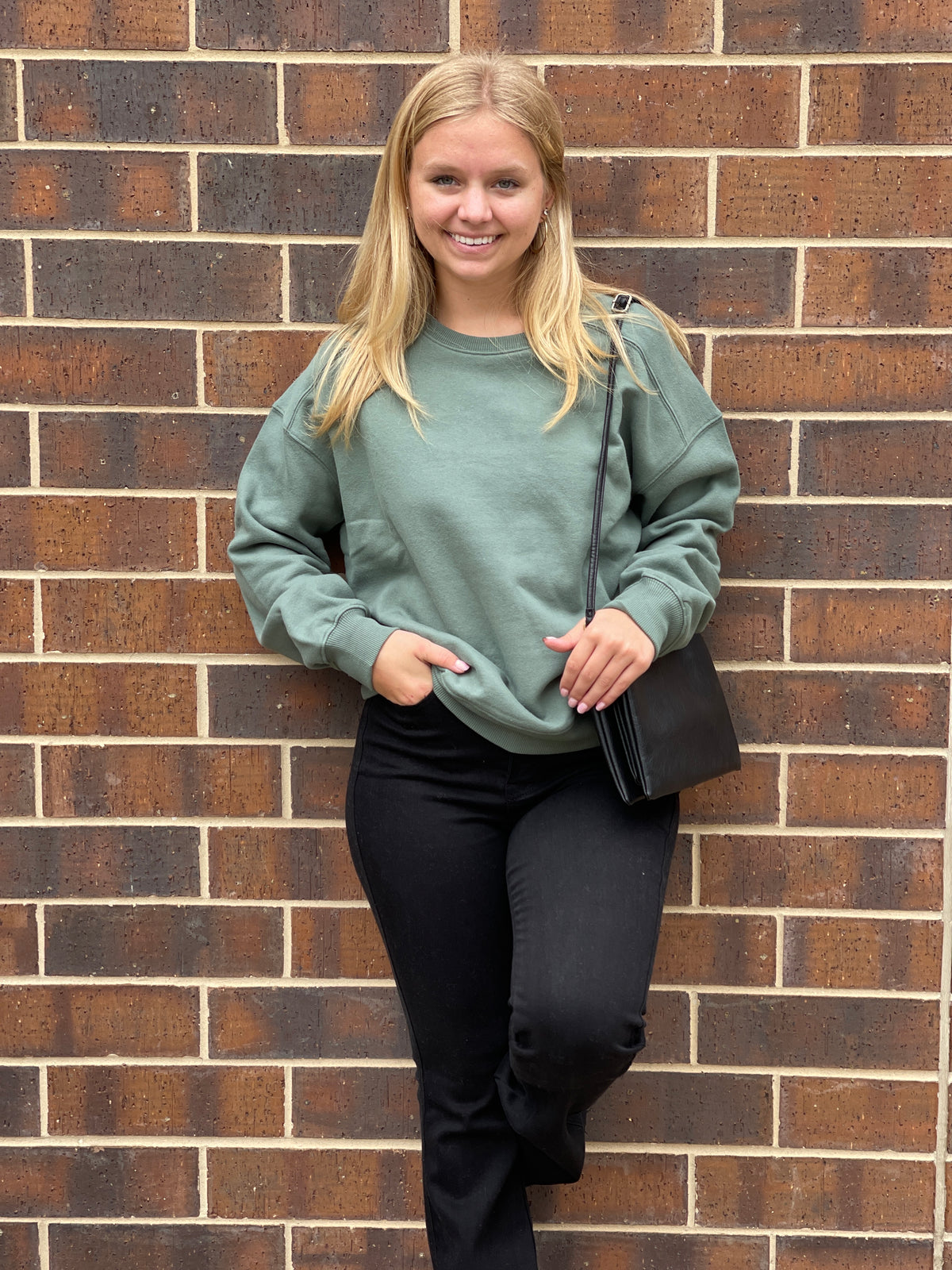 GRAY GREEN FLEECE LINED CREW NECK PULLOVER