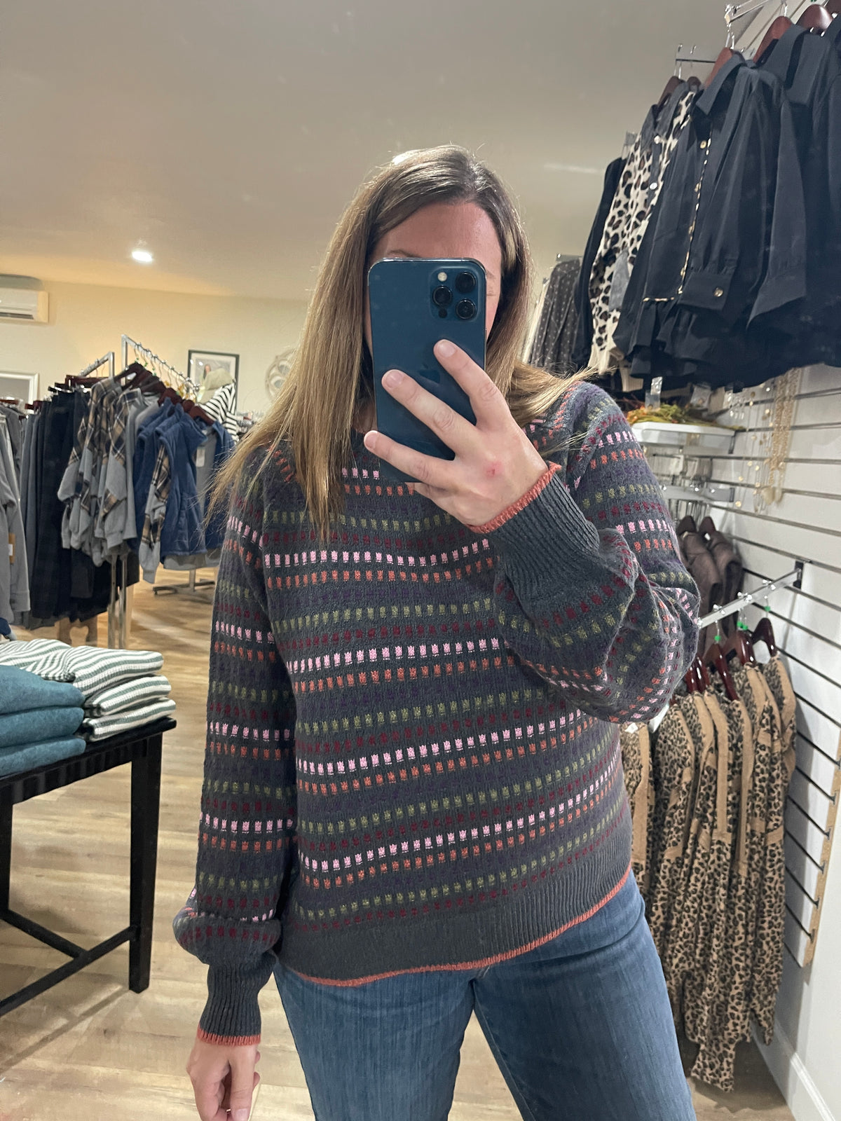 GUN METAL Multi Color Texture Striped Crew Neck Long Balloon Sweater