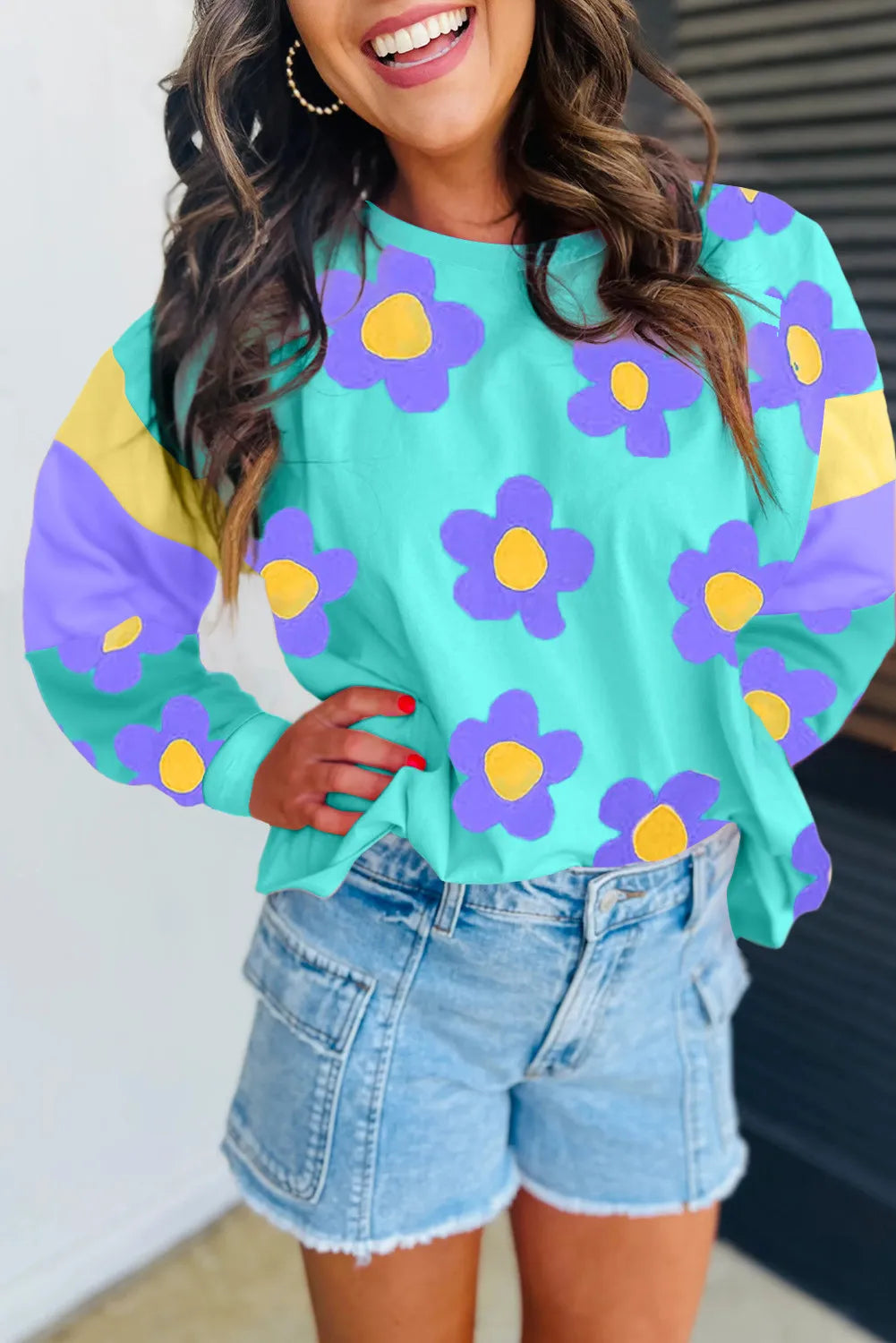 BLUE/PURPLE/YELLOW FLORAL PRINT KNIT TOP