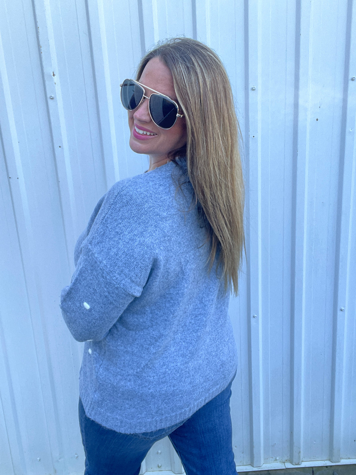 BLUE Textured Dot Detail, Wide Crew Neck, Pullover Sweater