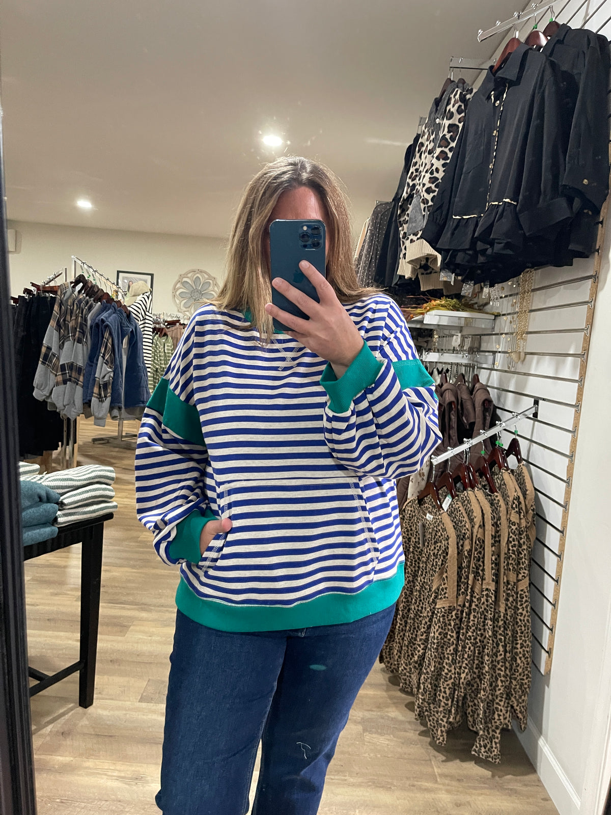 ROYAL BLUE/TEAL STRIPED FRENCH TERRY TOP W/ KANGAROO POCKET