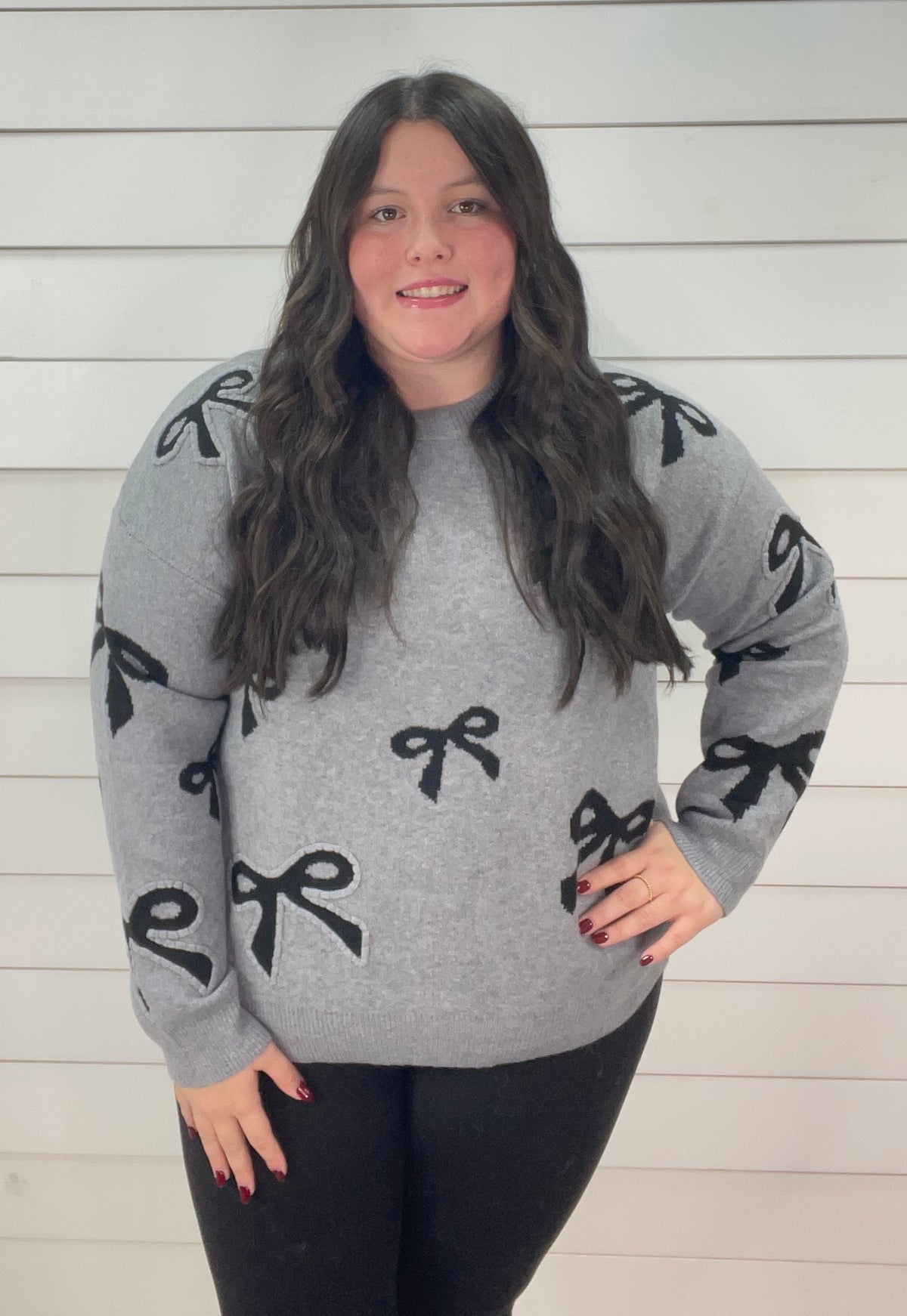 GREY/BLACK BOW ULTRA SOFT KNIT SWEATER