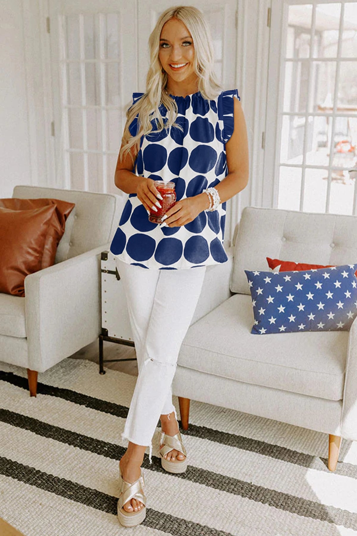 BLUE POLKADOT FRILLED ROUND NECK TANK