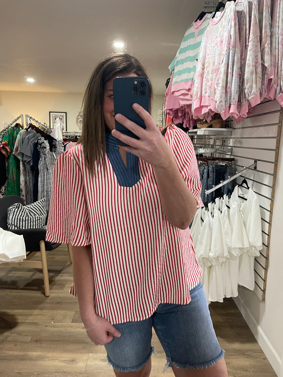 RED PIN STRIPED TEXTURE WOVEN TOP W/ DENIM TRIM