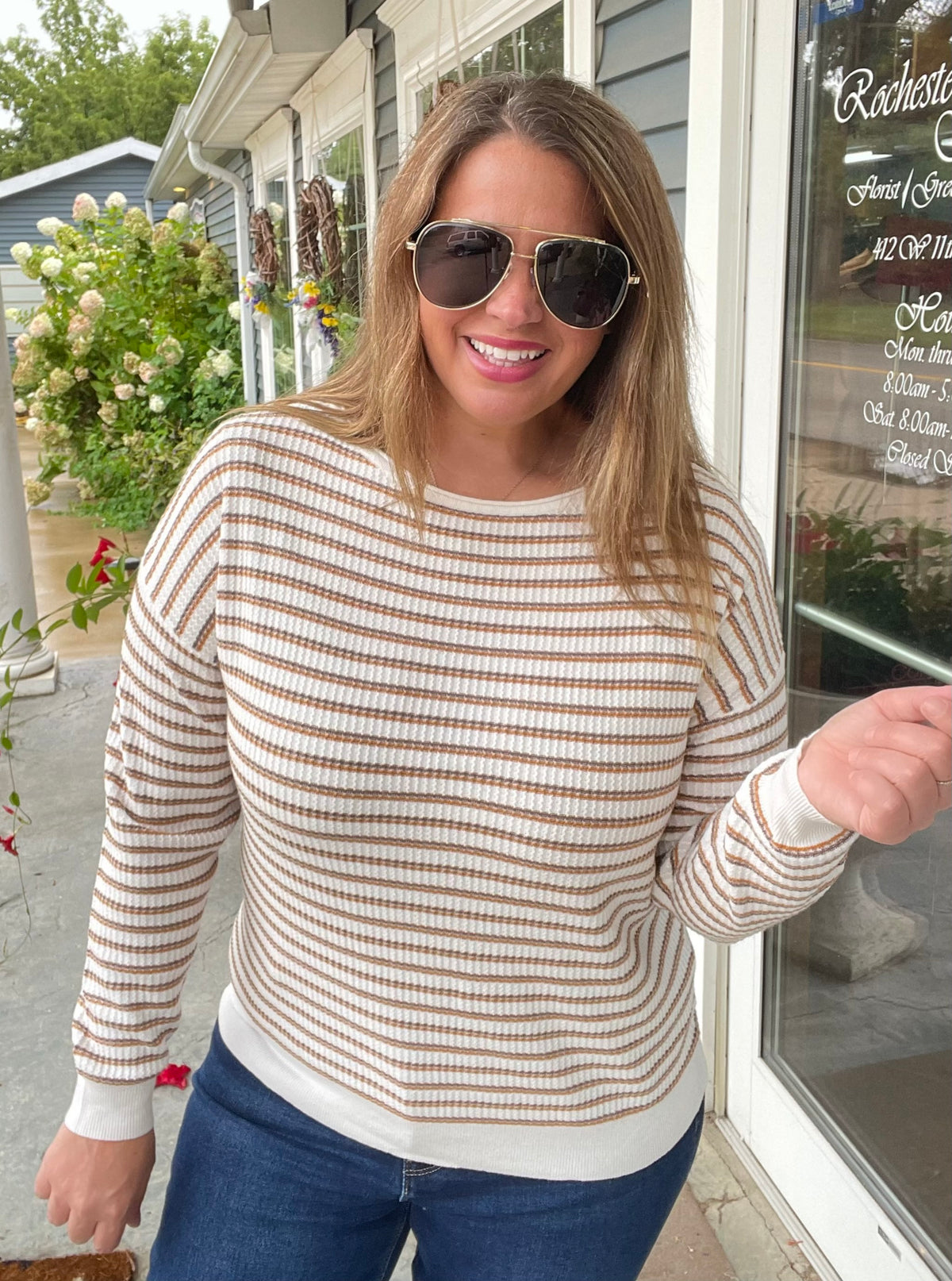 MOCHA/MUSTARD Multi Color Stripes Textured Wide Crew Neck Pullover Sweater