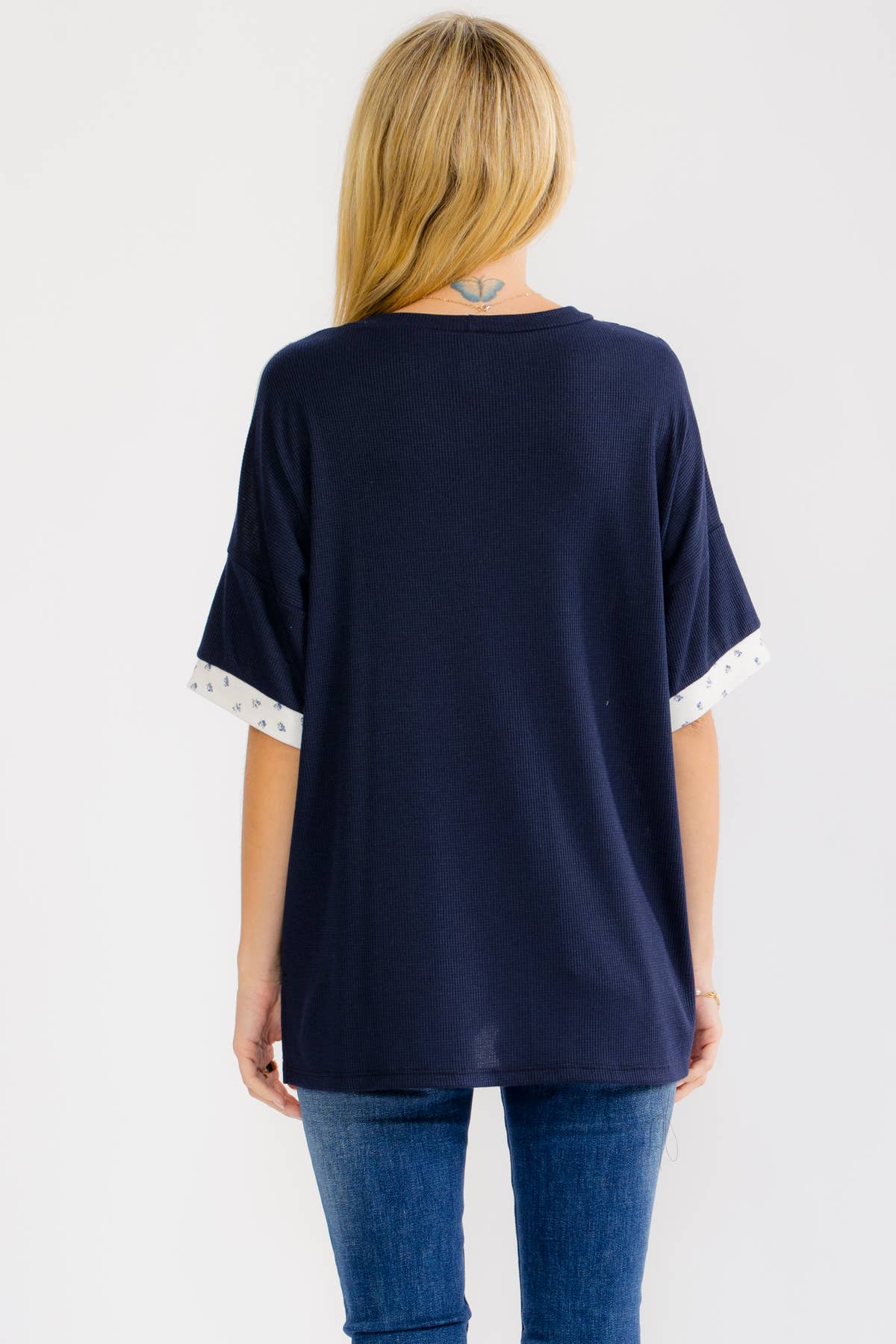 NAVY/WHITE PATCHWORK KNIT TOP