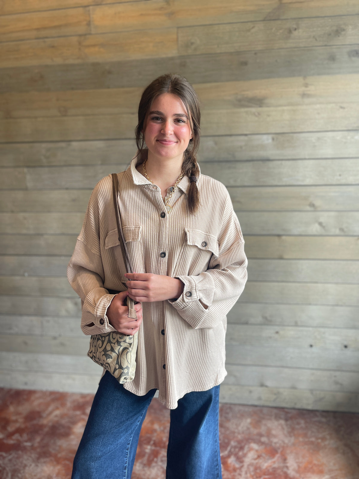 Taupe Mineral Wash Oversized Waffle Knit Button Down Top