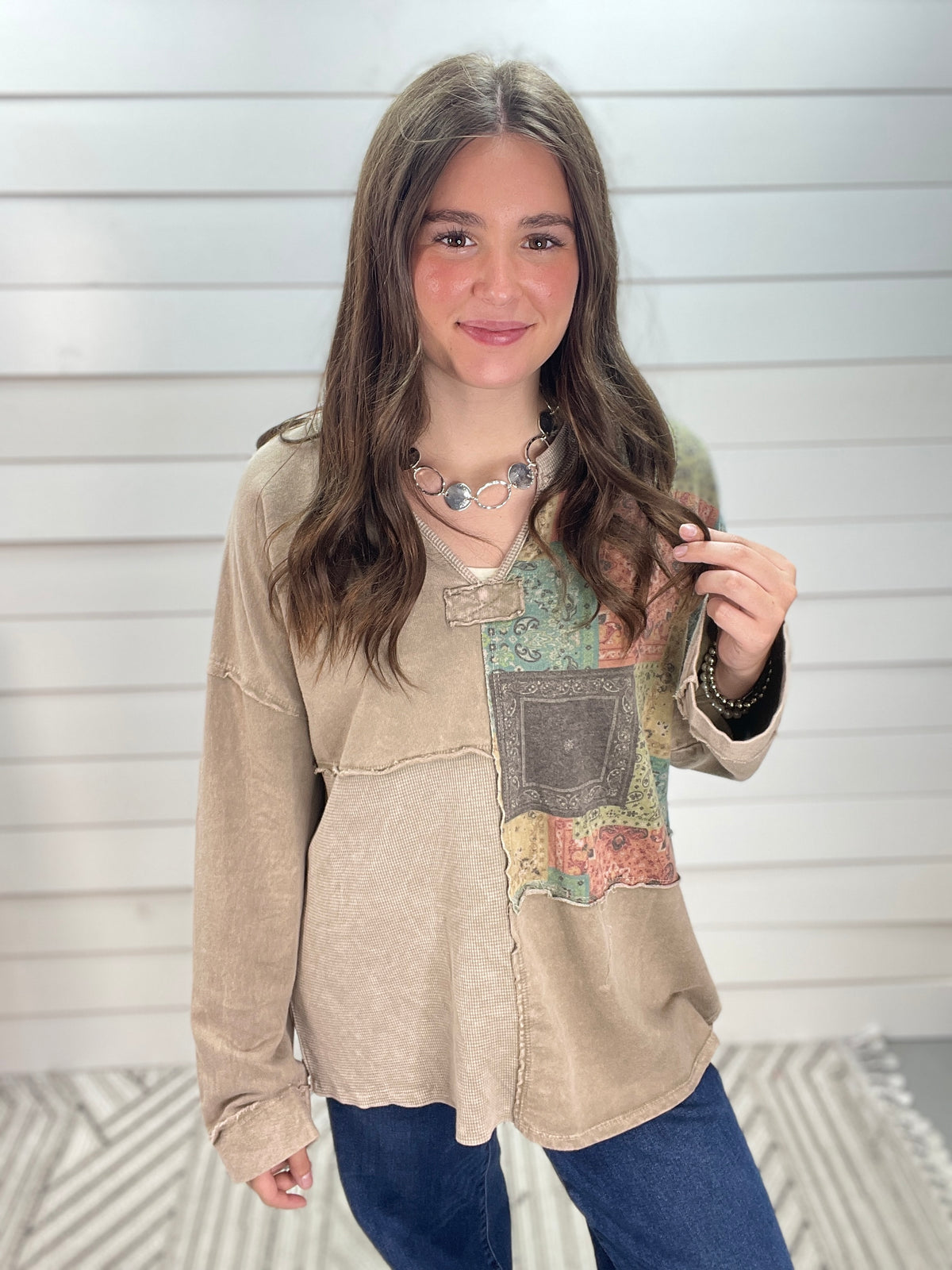 VINTAGE TAUPE Mineral Washed Boho Bandana Thermal V Split Neck Top