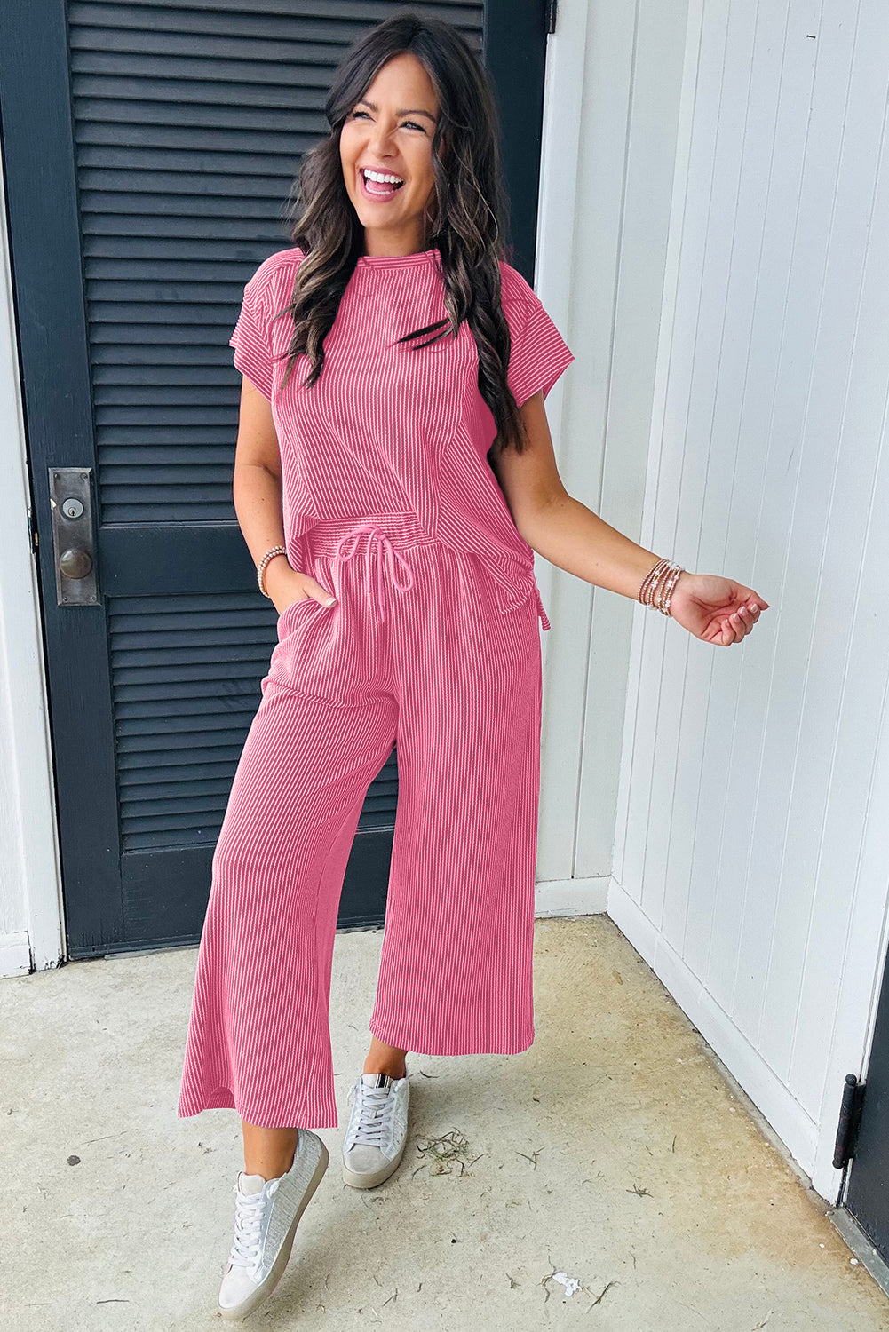 PINK RAISED RIBBED WIDE LEG PANT SET