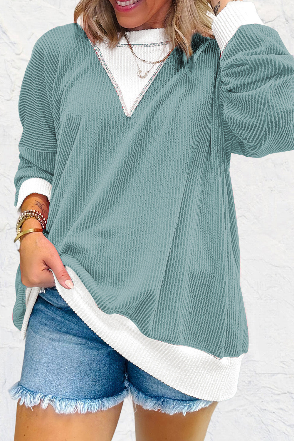 DARK SAGE RAISED RIBBED CONTRAST KNIT TOP