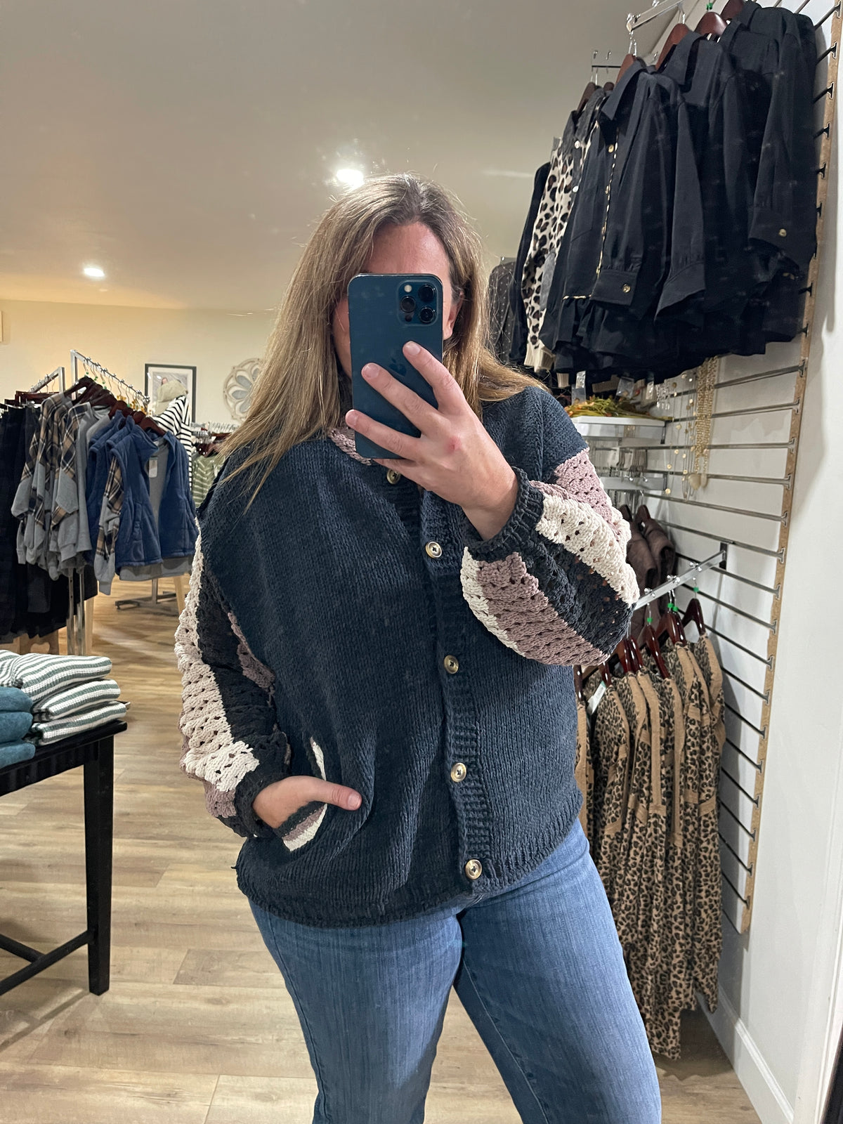 NAVY BUTTON KNIT SWEATER W/ OPEN KNIT COLORBLOCK SLEEVES