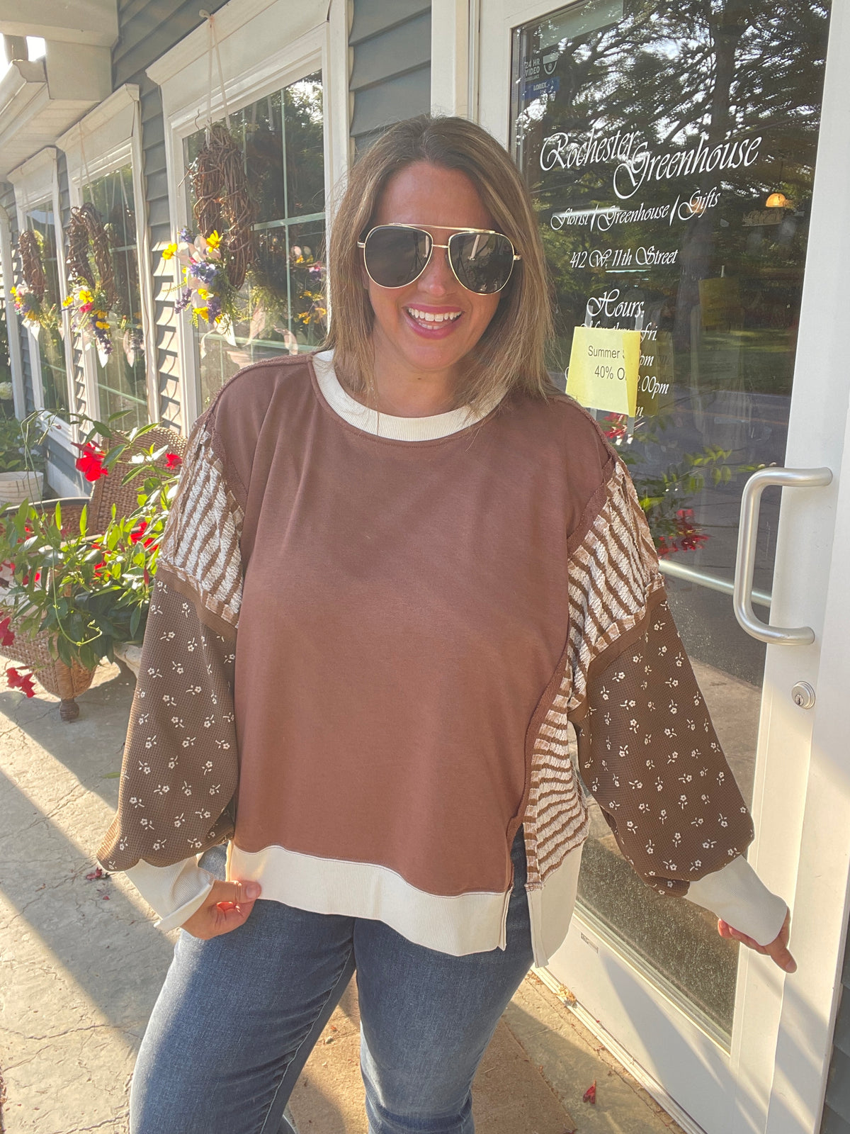 MOCHA STRIPED & FLORAL LOOSE FIT FRENCH TERRY TOP