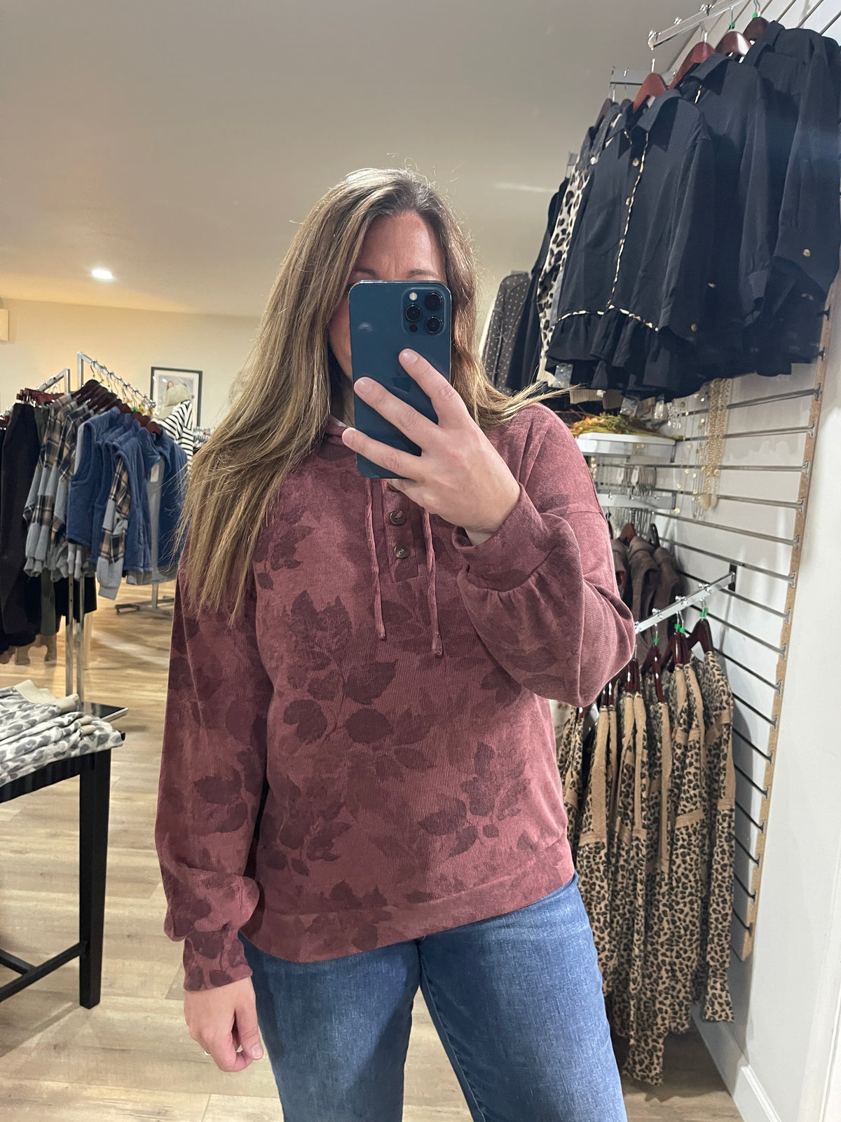 MARSALA Half Button, Long Sleeve, Floral Printed Drawstring Hoodie