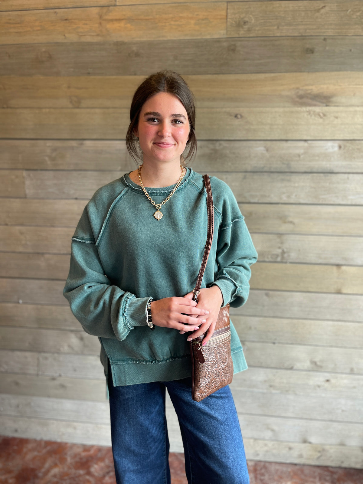 Green Mineral Wash Soft Fleeve Lined Oversized Pullover