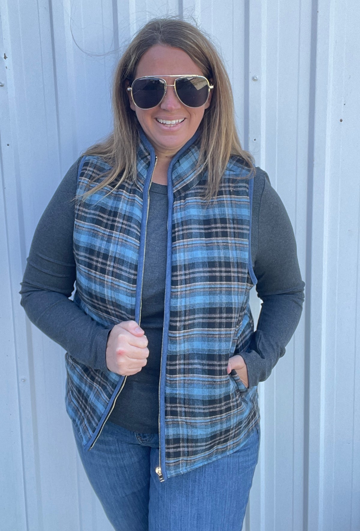 BLUE Contrast Binding, Zip Up Front, Plaid Puffer Vest