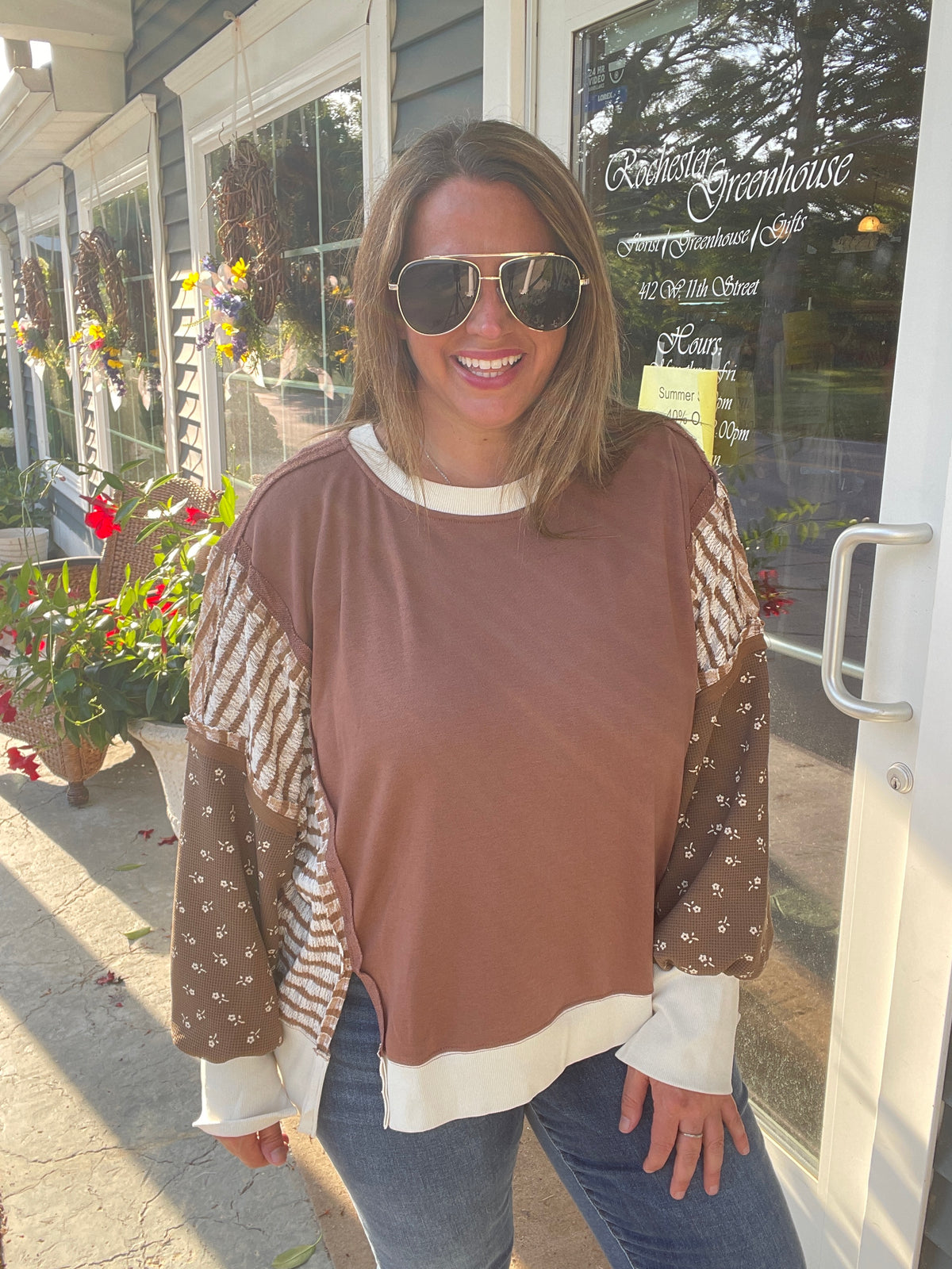 MOCHA STRIPED & FLORAL LOOSE FIT FRENCH TERRY TOP