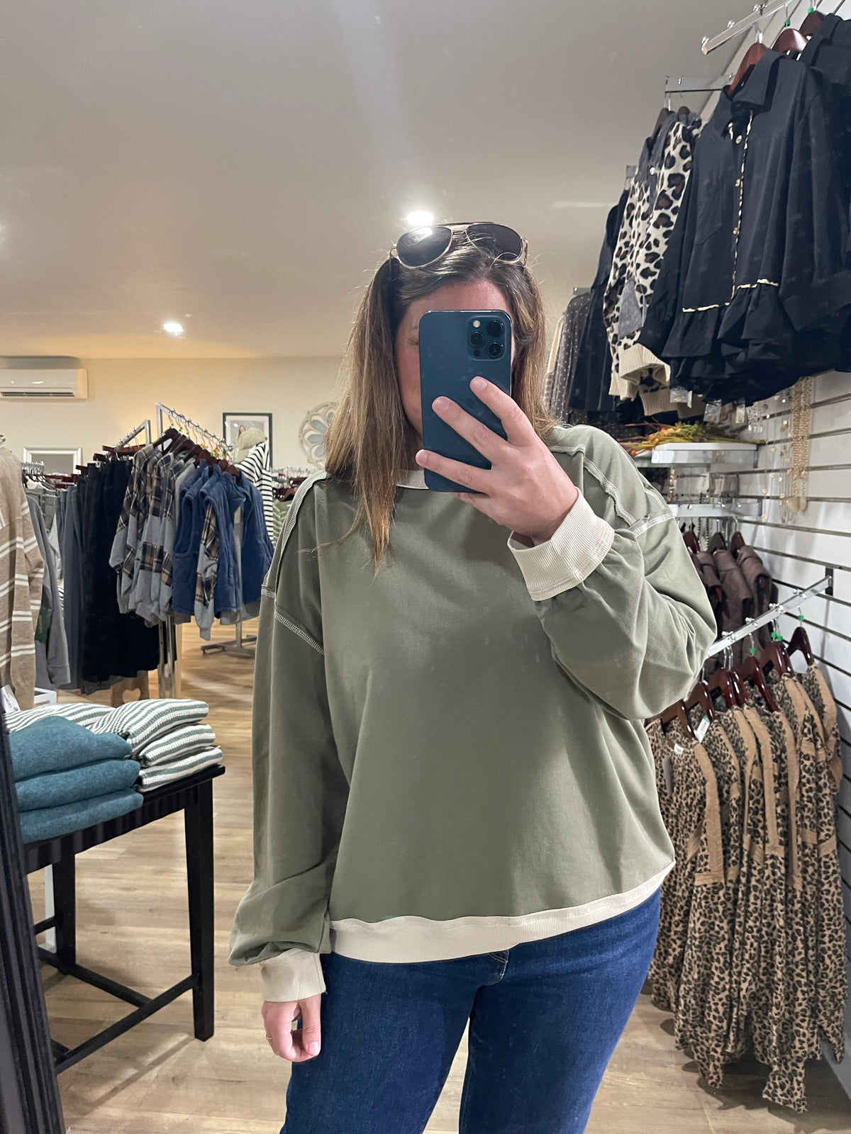 Olive Exposed Seam Contrast Trim Knit Top