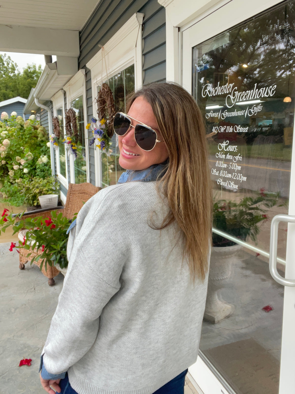 HEATHER GREY KNIT SWEATER W/ DENIM TRIM