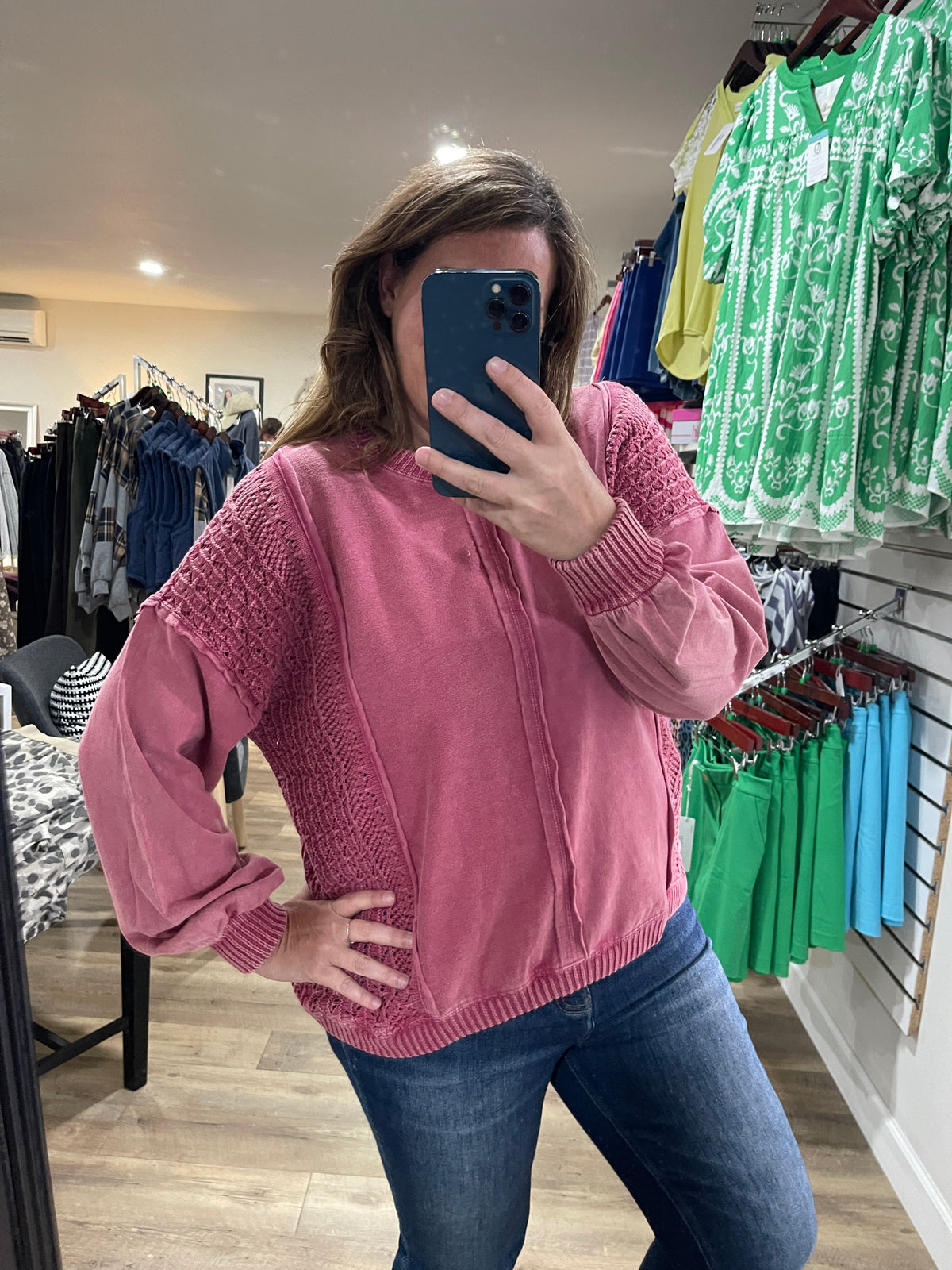 RASBERRY MINERAL WASH LACE DETAIL OVERSIZED KNIT TOP