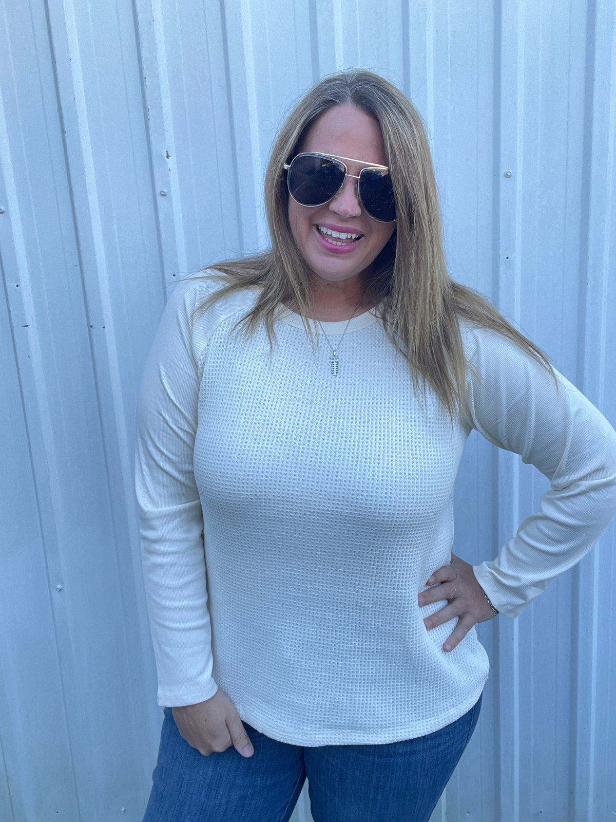 IVORY Waffle & Solid Mixed, Long sleeve Knit Top