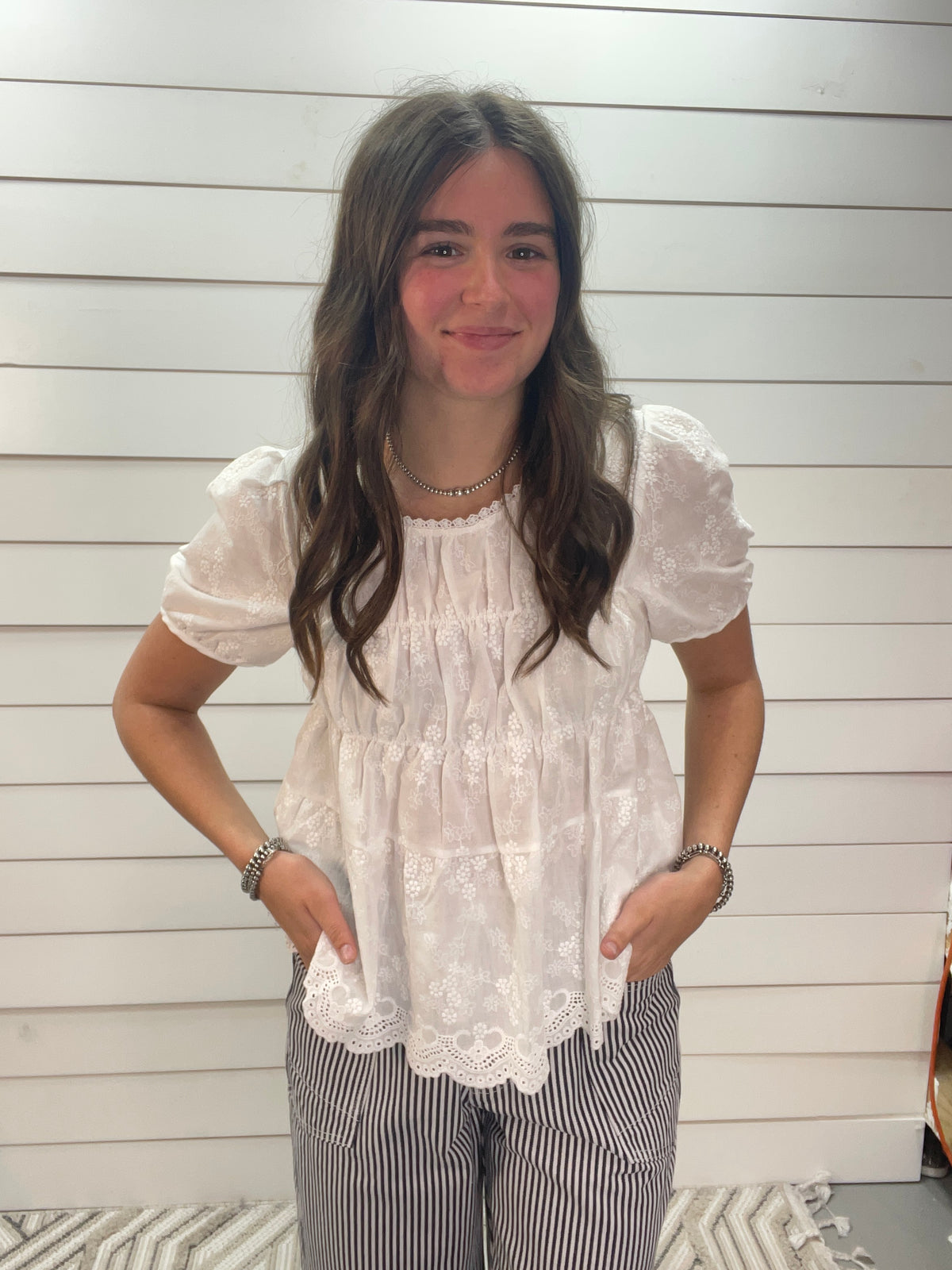 WHITE BABYDOLL WOVEN TOP W/ FLORAL EMBROIDERY AND LACE TRIM