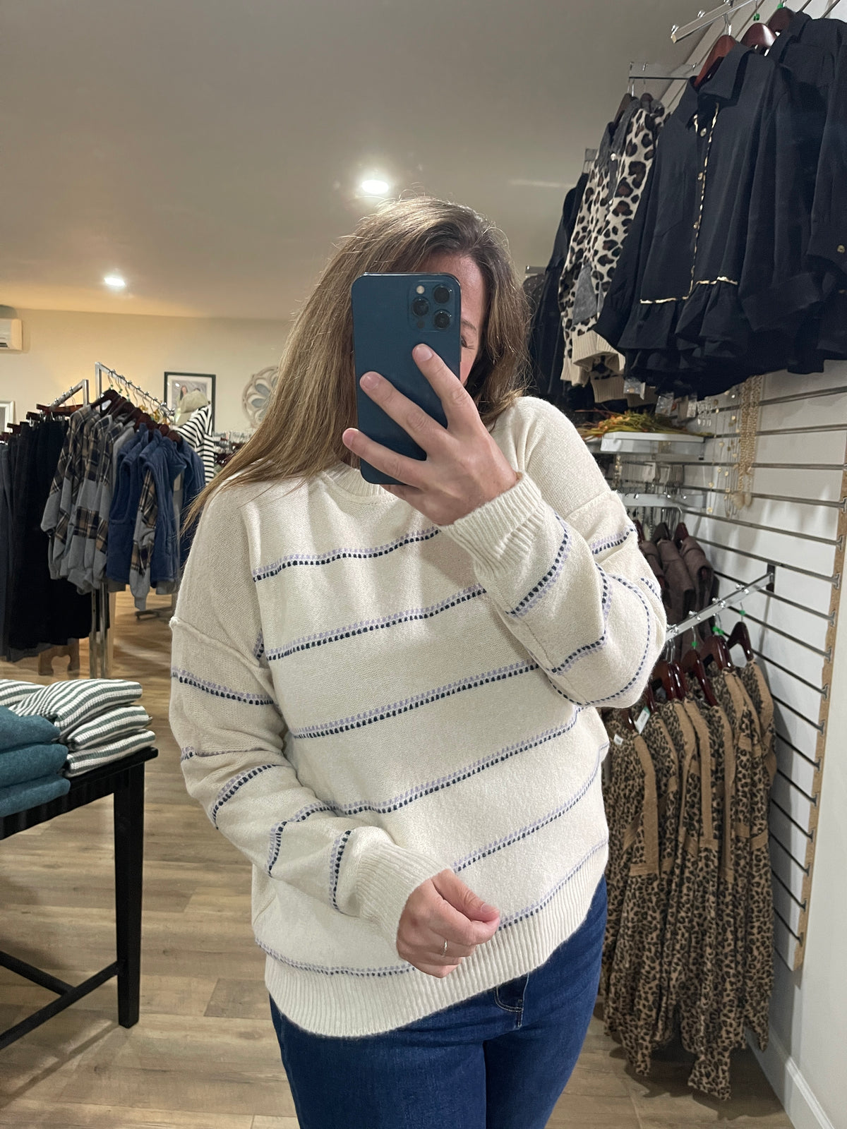 OATMEAL/LAVENDER Texture Multi Striped, Crew Neck, Long Sleeve knit sweater