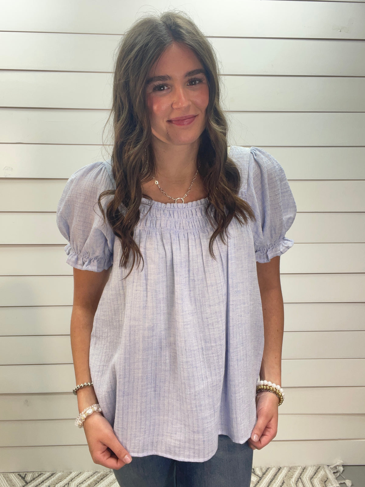 LIGHT BLUE SMOCKED STRIPED LINEN WOVEN SHORT SLEEVE TOP