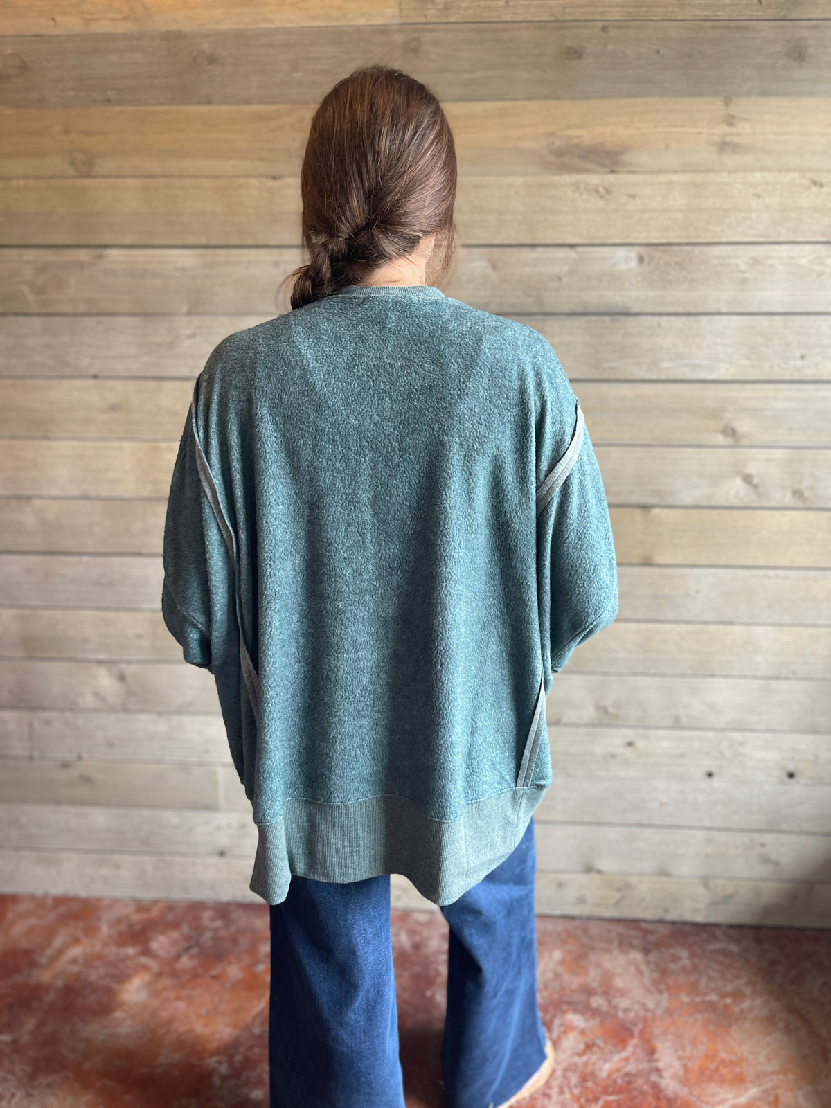 DARK TEAL PLUSH OVERSIZED KNIT PULLOVER