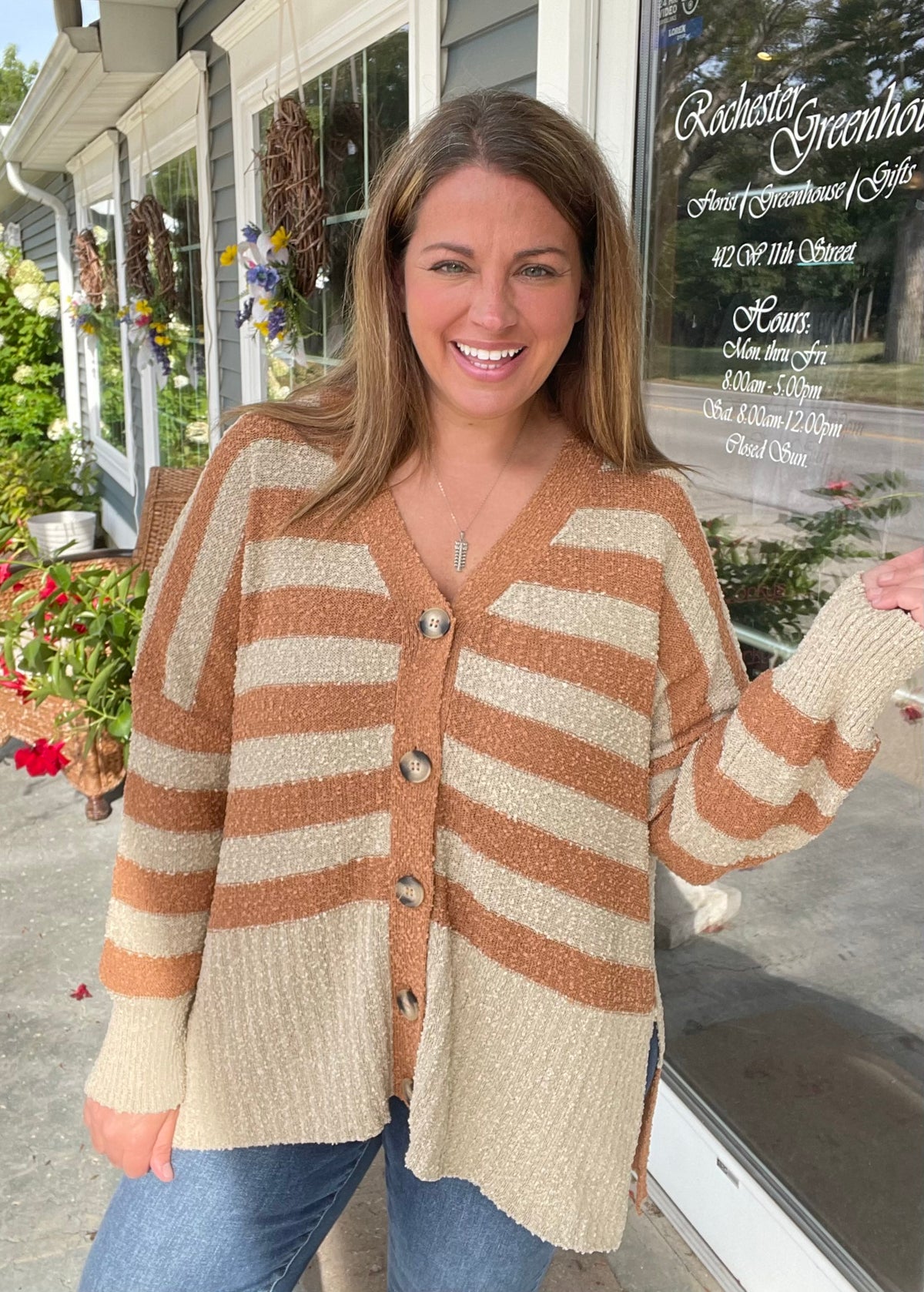 CARMEL/TAUPE STRIPED OVERSIZED BUTTON KNIT CARDIGAN SWEATER