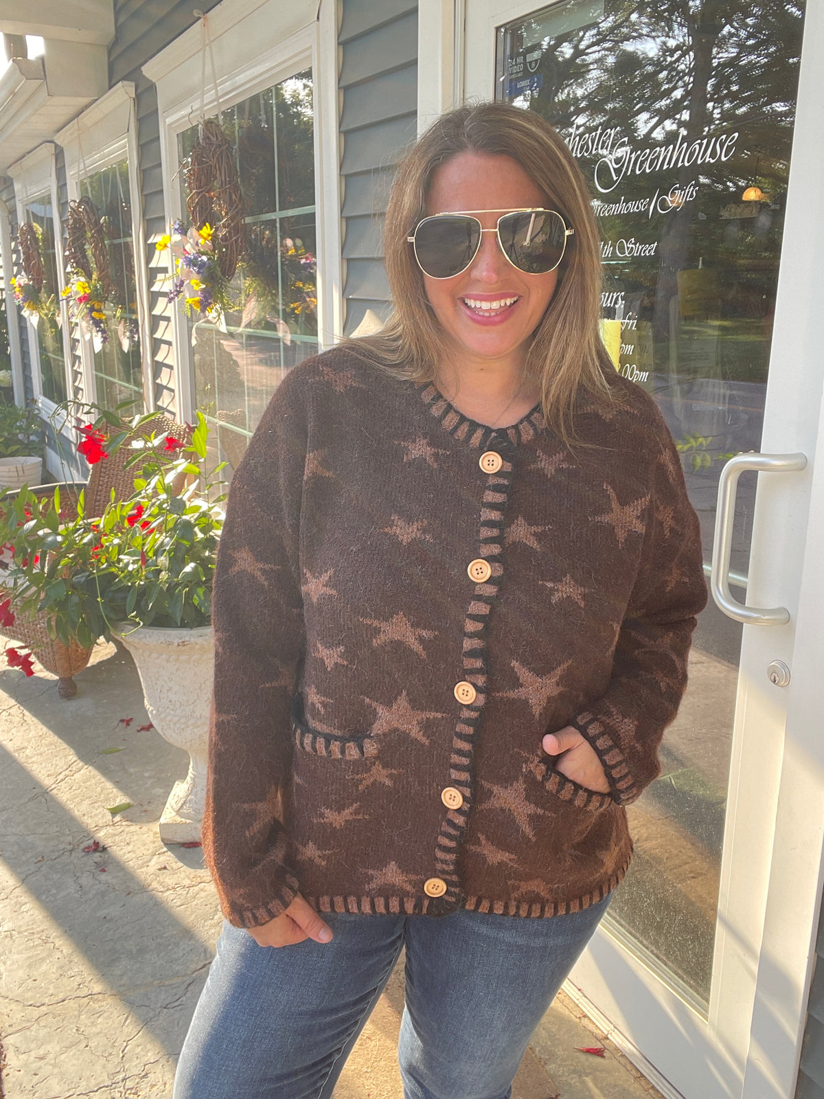 BROWN STAR BUTTON DOWN SWEATER/CARDIGAN WITH BLANKET STITCH