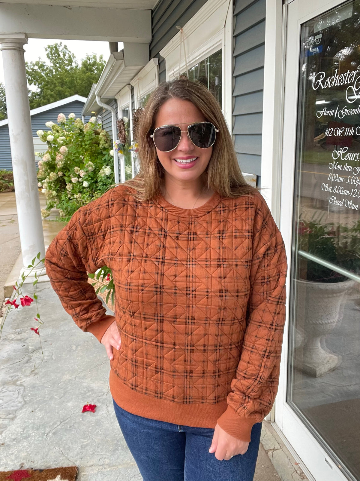 PUMPKIN Printed Quilted Pullover Crew Neck Knit Top, Rib Banded