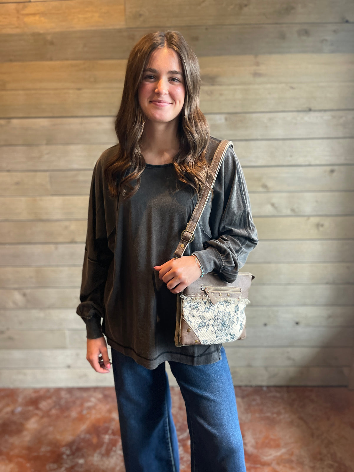 BLACK MINERAL WASH LOOSE FIT LONG SLEEVE TOP
