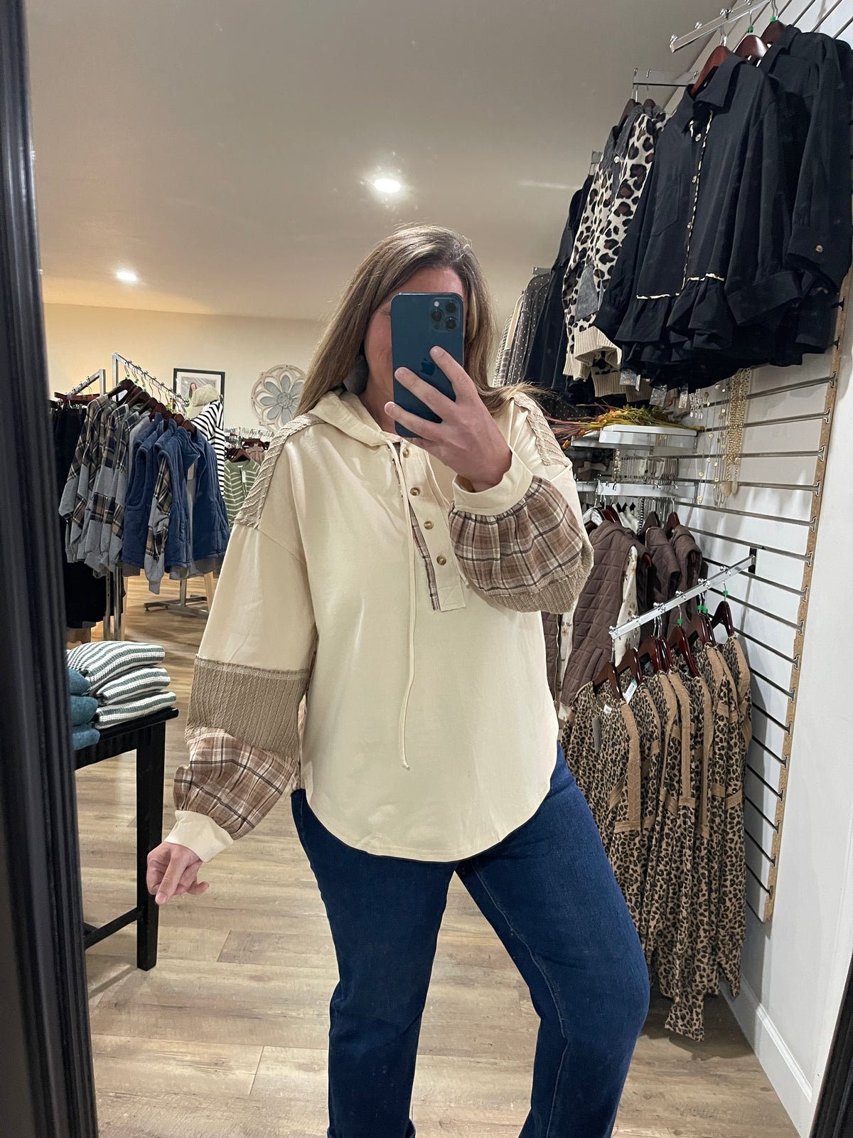 NATURAL PLAID CONTRAST LIGHT WEIGHT HOODIE