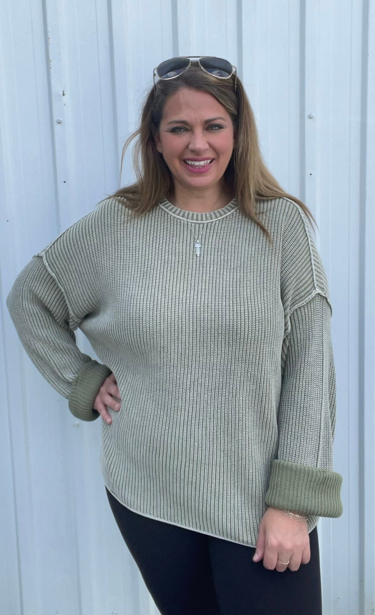 Light Olive Washed Ribbed Long Sleeve Folded Cuff Knit Sweater