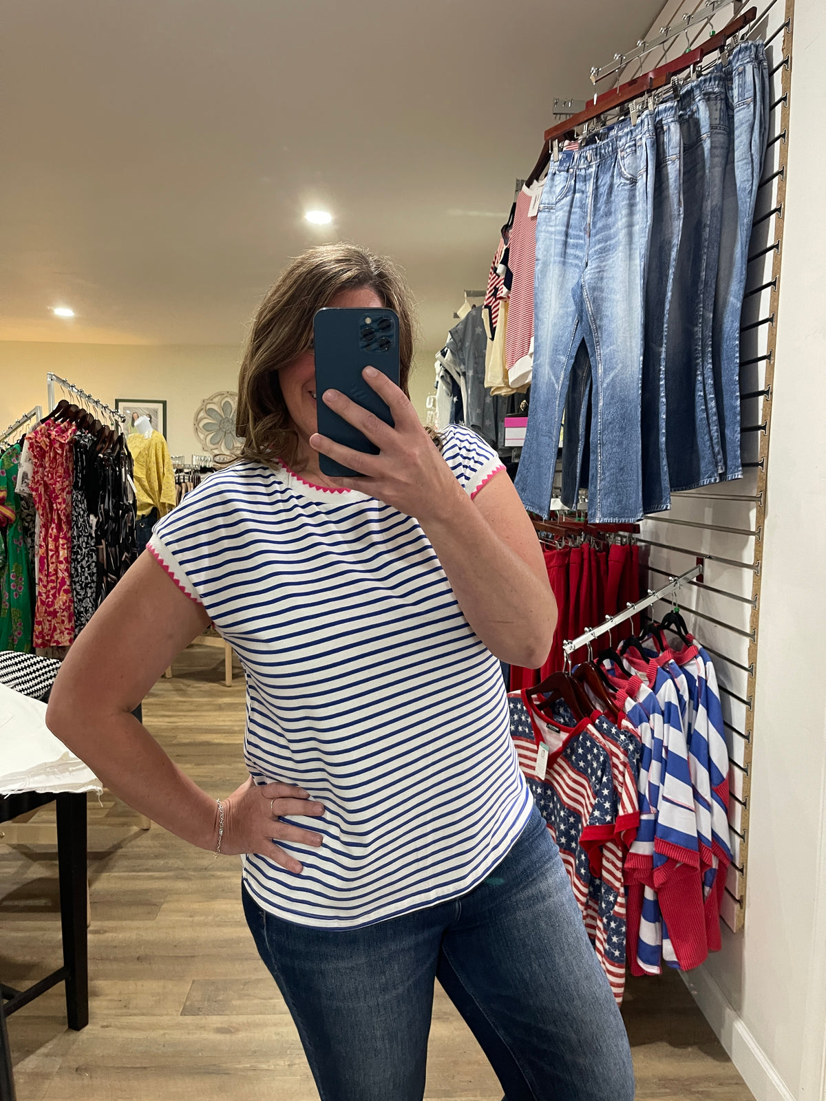 BLUE/WHITE STRIPED KNIT TOP W/ PINK TRIM
