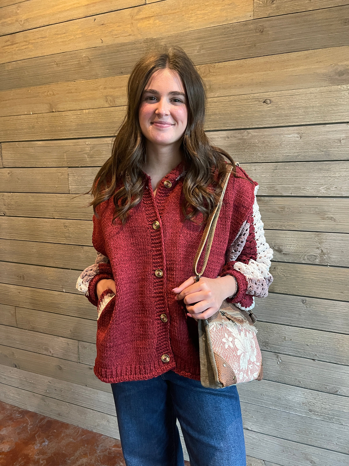 WINE BUTTON KNIT SWEATER W/ OPEN KNIT COLORBLOCK SLEEVES