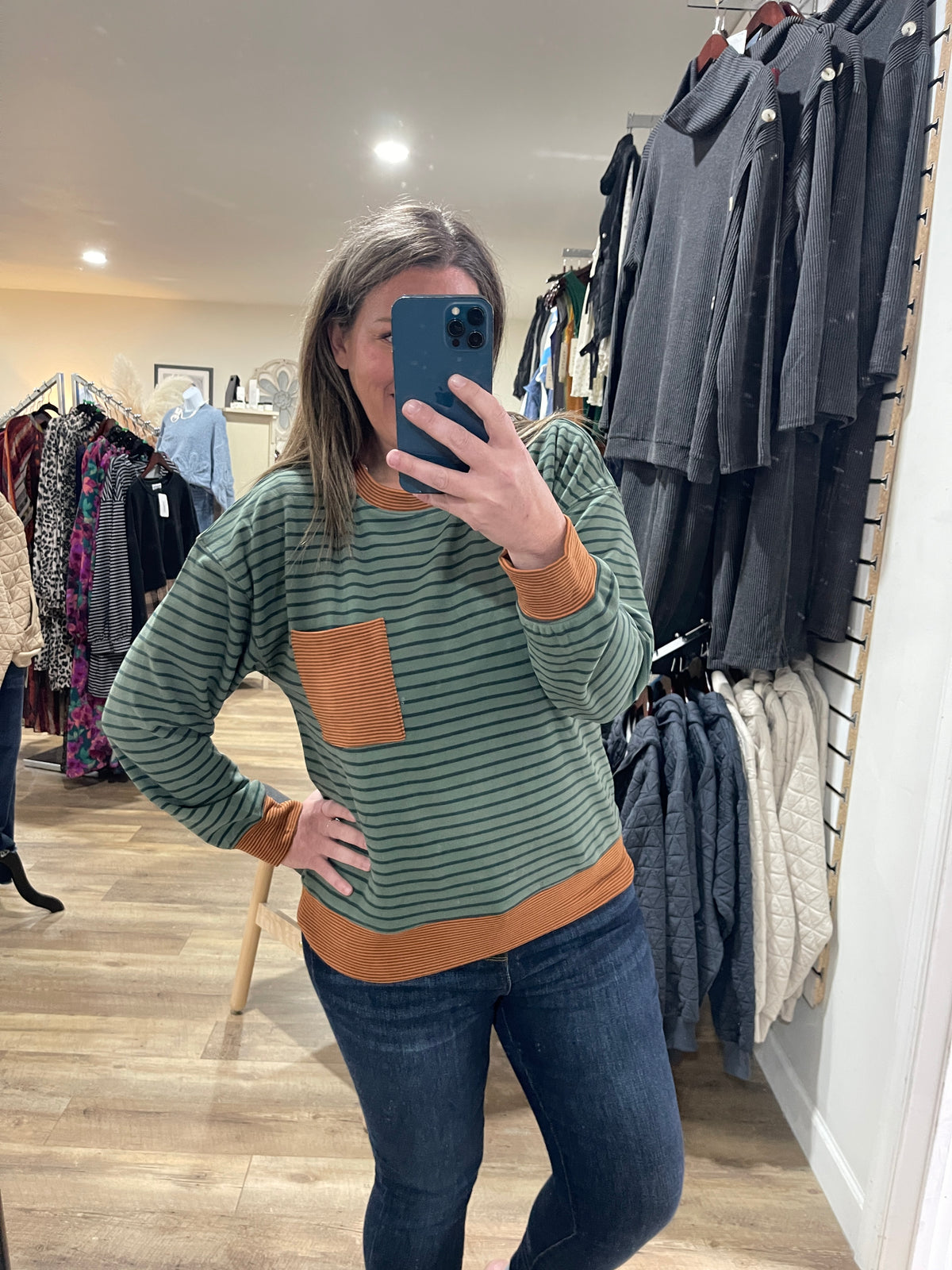 OLIVE/RUST STRIPED BUTTER FABRIC KNIT TOP