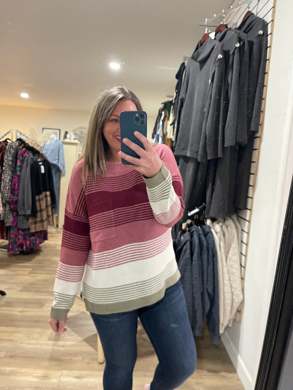ROSE/BURGUNDY MULTI COLOR STRIPED PULLOVER LIGTH WEIGHT SWEATER