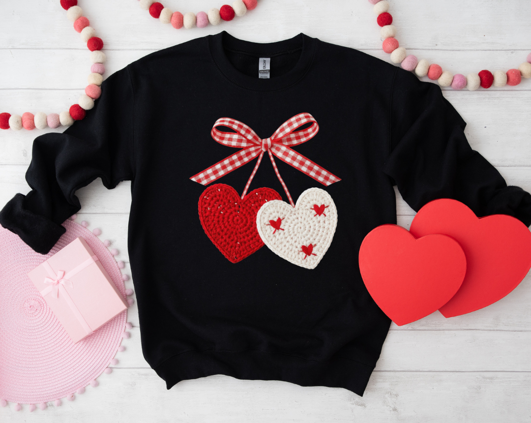 FAUX CROCHET HEART CHERRY GRAPHIC SWEATSHIRT