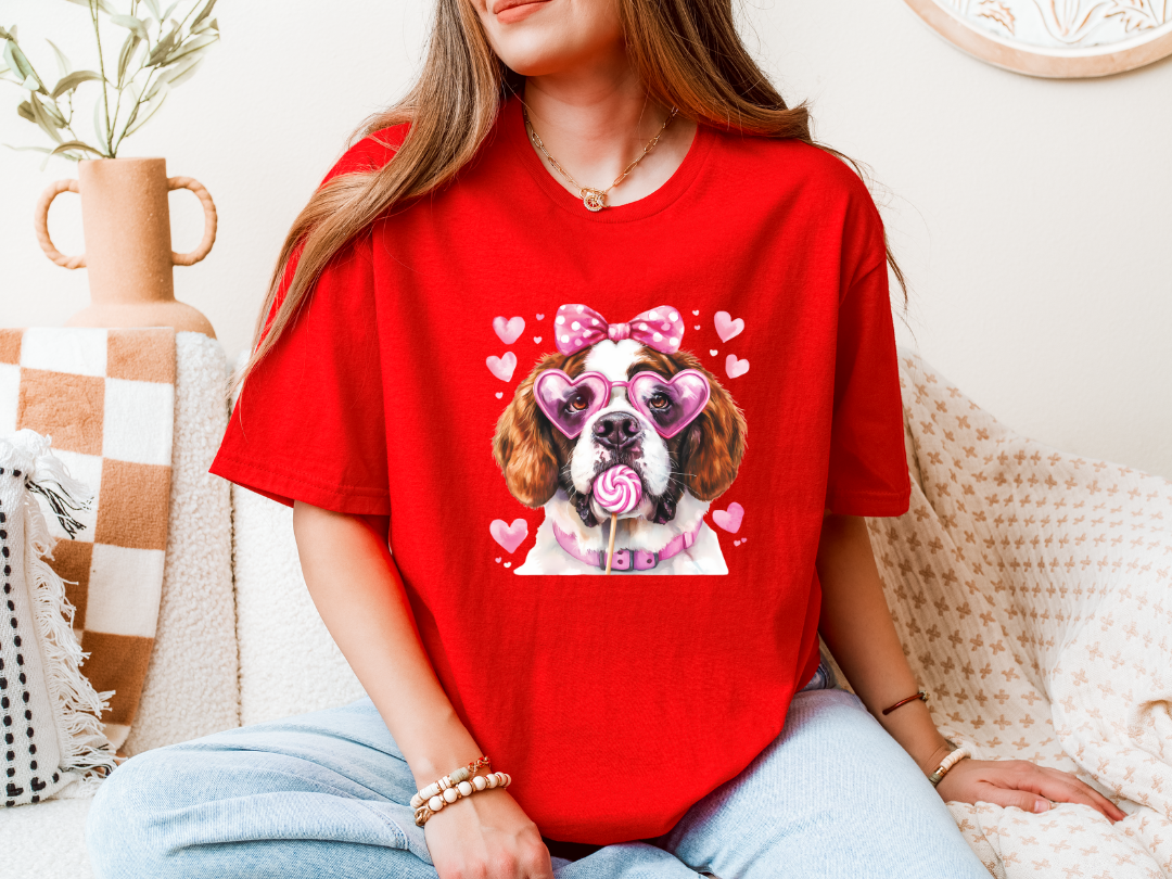 VALENTINE DOG LOLLIPOP **RED SHORT SLEEVE TEE SHIRT S-3XL- 34 BREEDS -EACH SHIRT COLOR HAS IT'S OWN LISTING