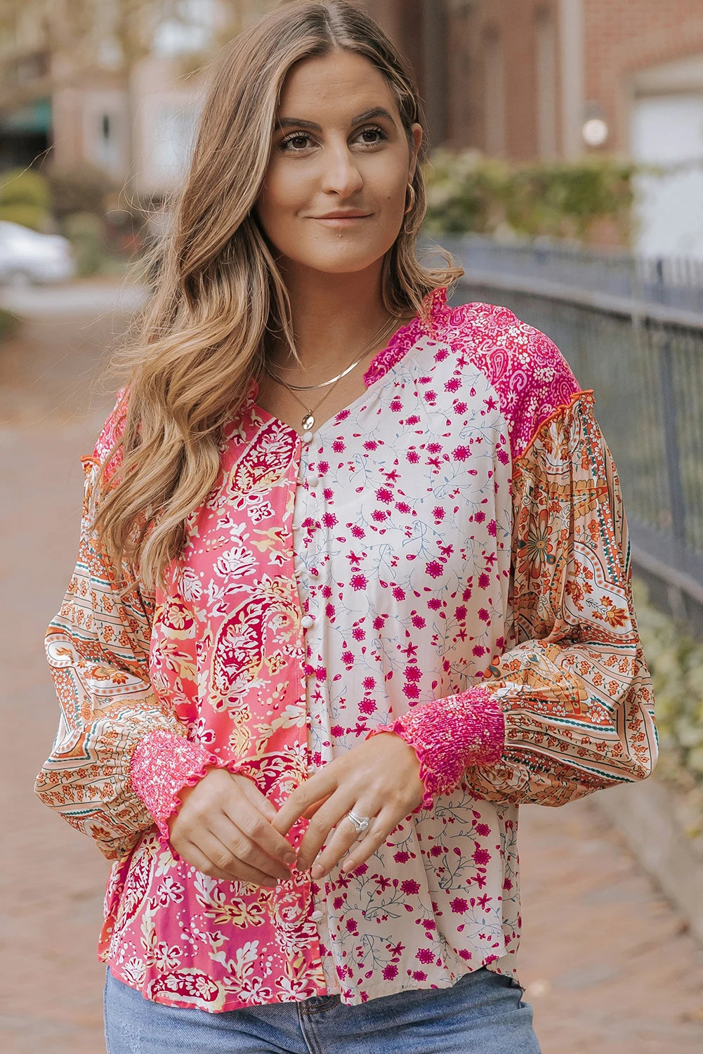 PINK MULTI CONTRAST BUTTON DOWN WOVEN TOP