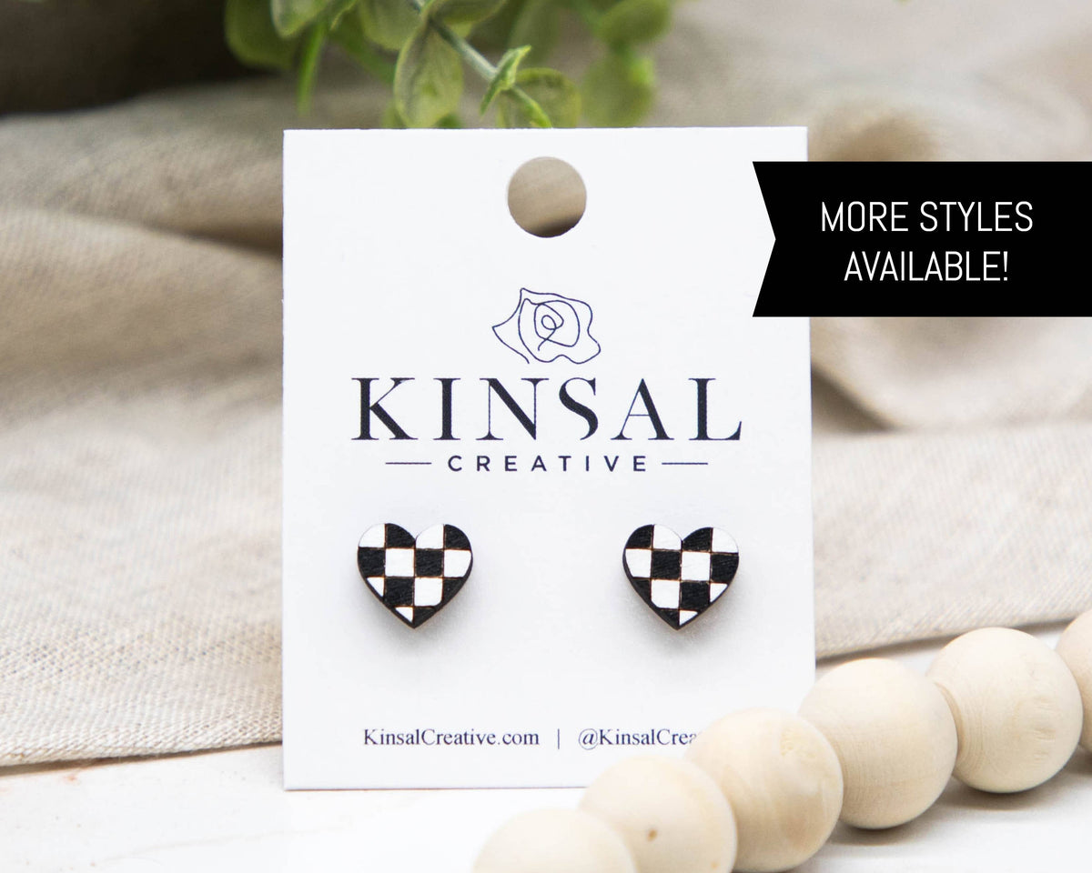 Kinsal Creative - Checkerboard Wood Stud Earrings: Heart