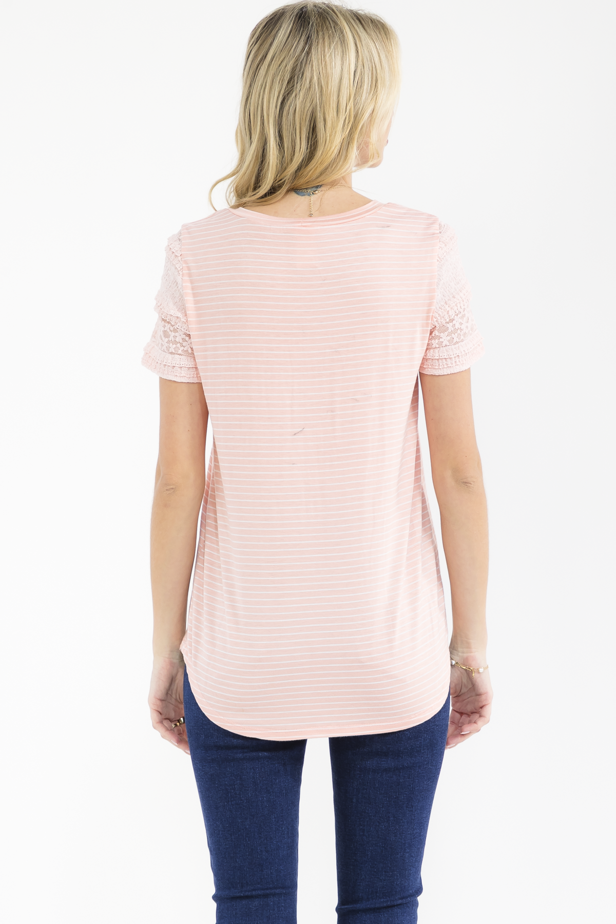 PEACH STRIPED KNIT TOP W/ LACE TRIM