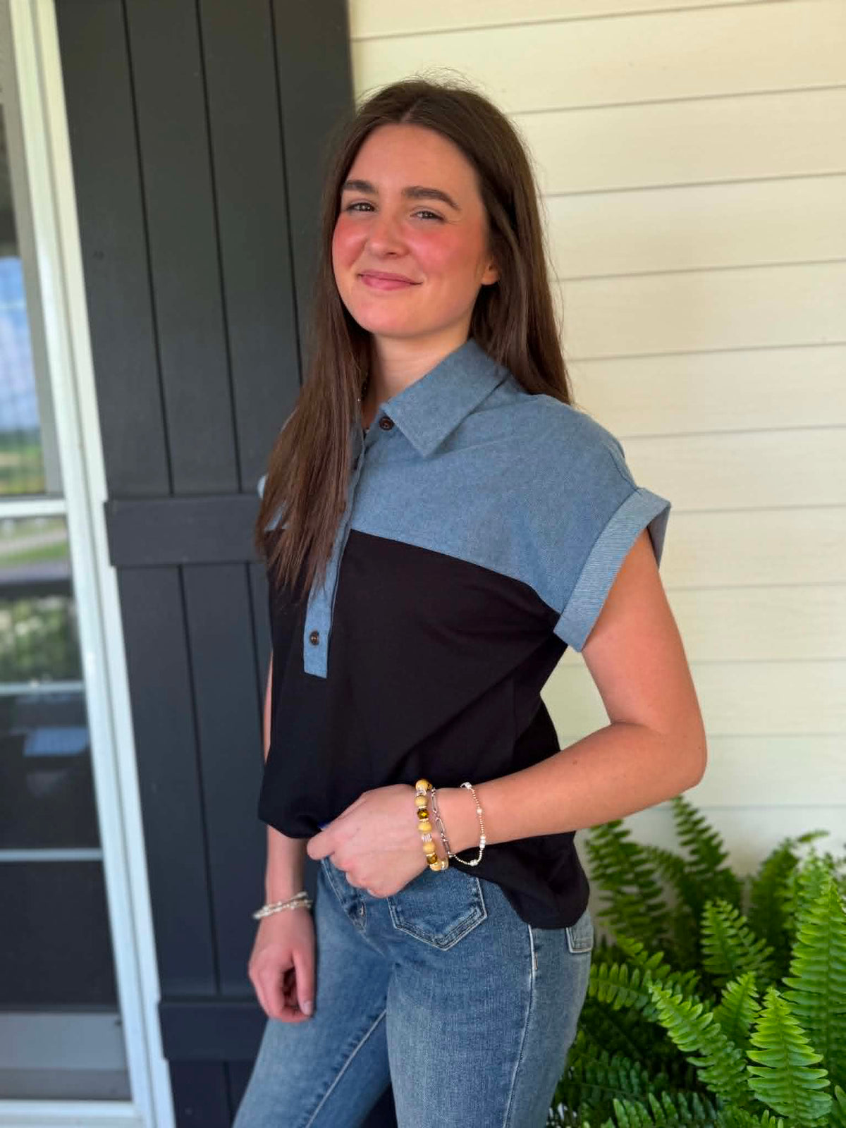 BLACK/DENIM COLORBLOCK BUTTON DOWN KNIT TOP