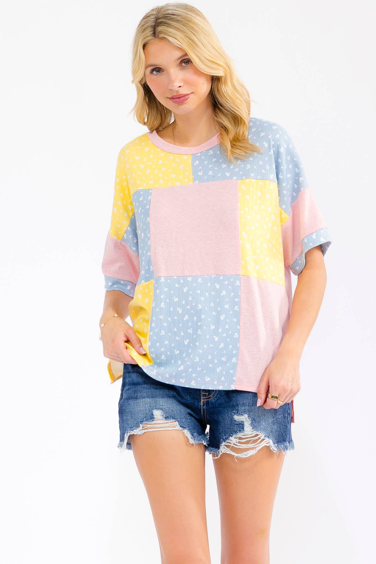 7th Ray - Floral Patchwork Short Sleeve Top T6303: Aqua / S