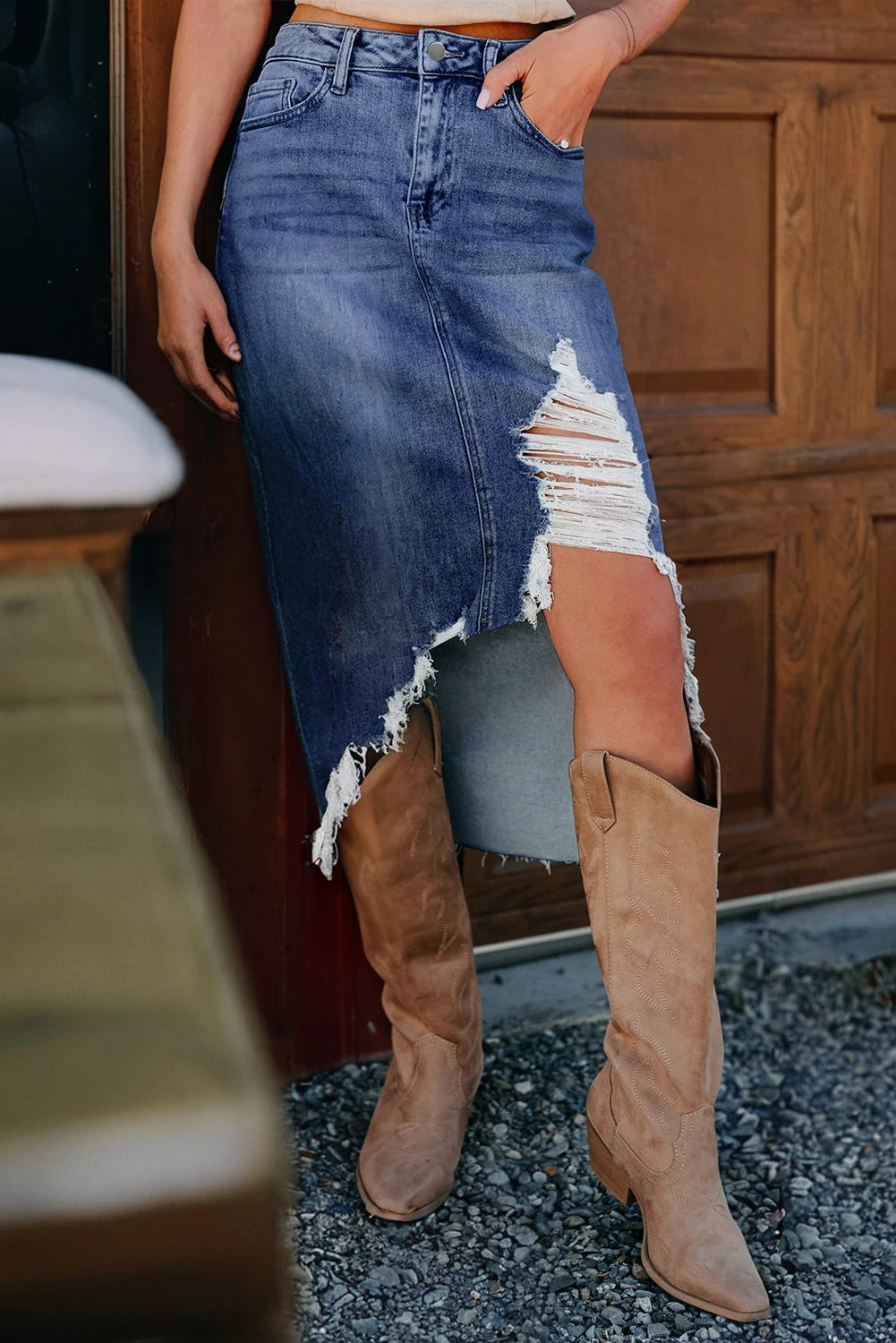 DENIM SKIRT WITH DISTRESSED HEM