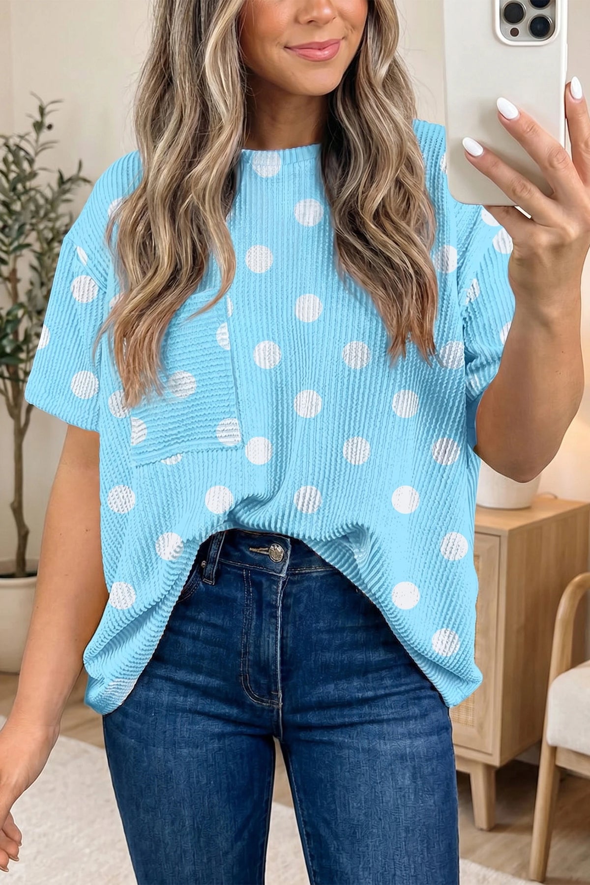BLUE/WHITE POLKADOT RAISED RIBBED POCKET TOP
