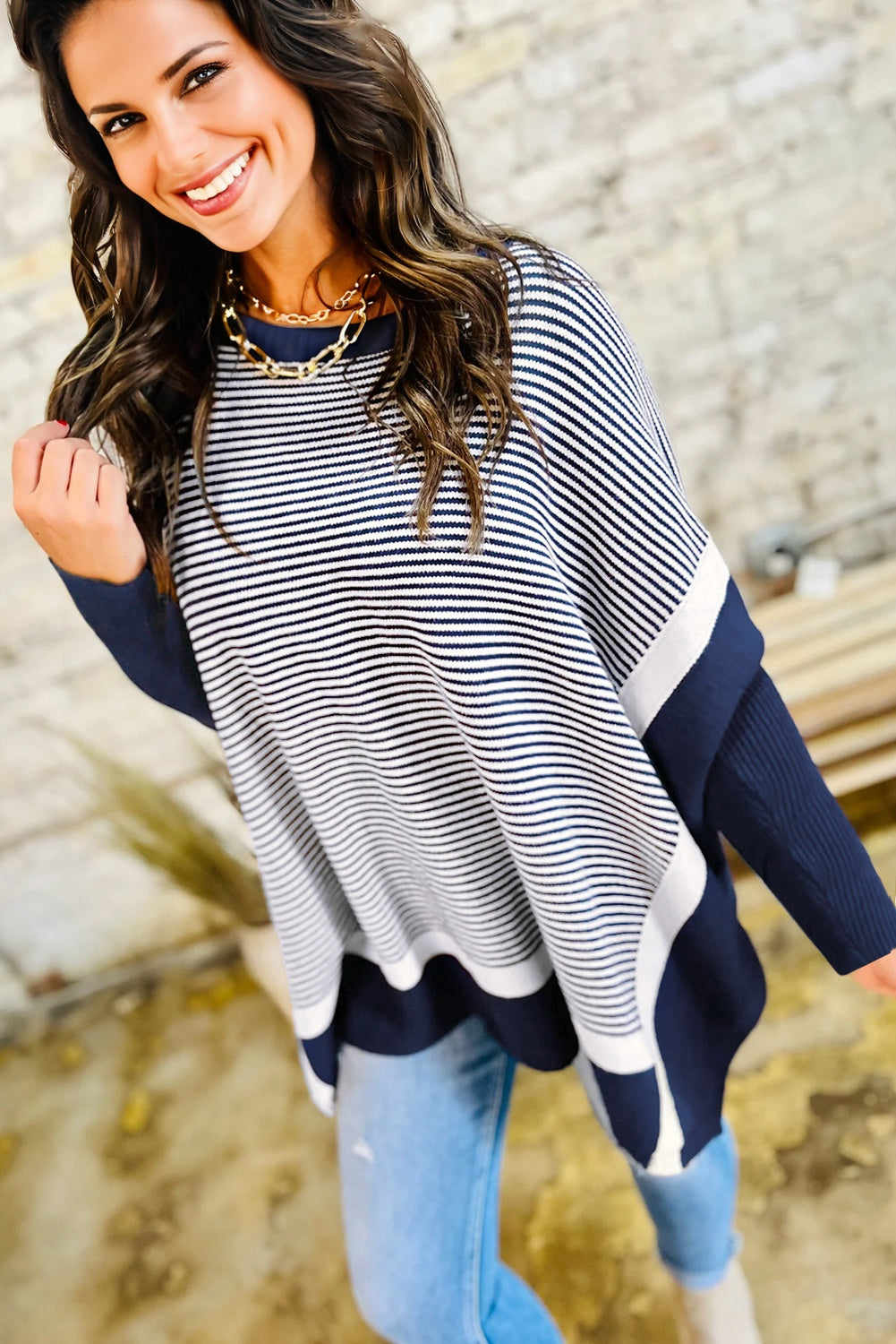 BLUE STRIPED/COLORBLOCK DOLMAN TUNIC SWEATER